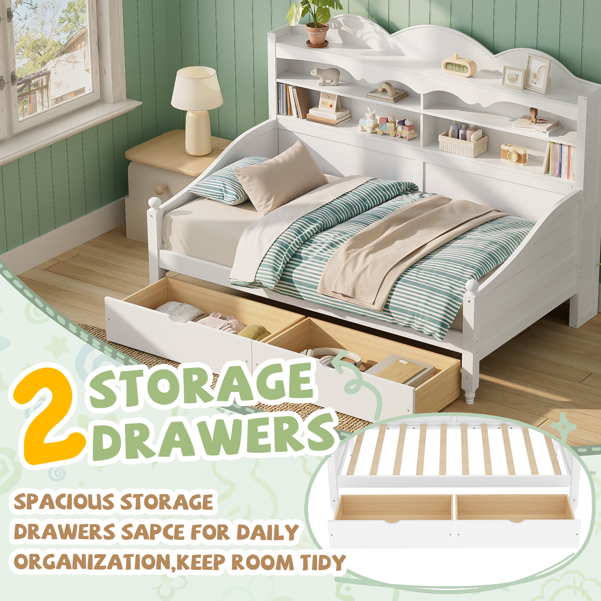 Twin Daybed With Storage Drawers, Wooden Twin Day Bed With Storage Headboard Shelving, Retro Style Daybed For Bedroom,Living Room,Guest Room,No Box Spring Needed, Easy Assembly, White - Image 4