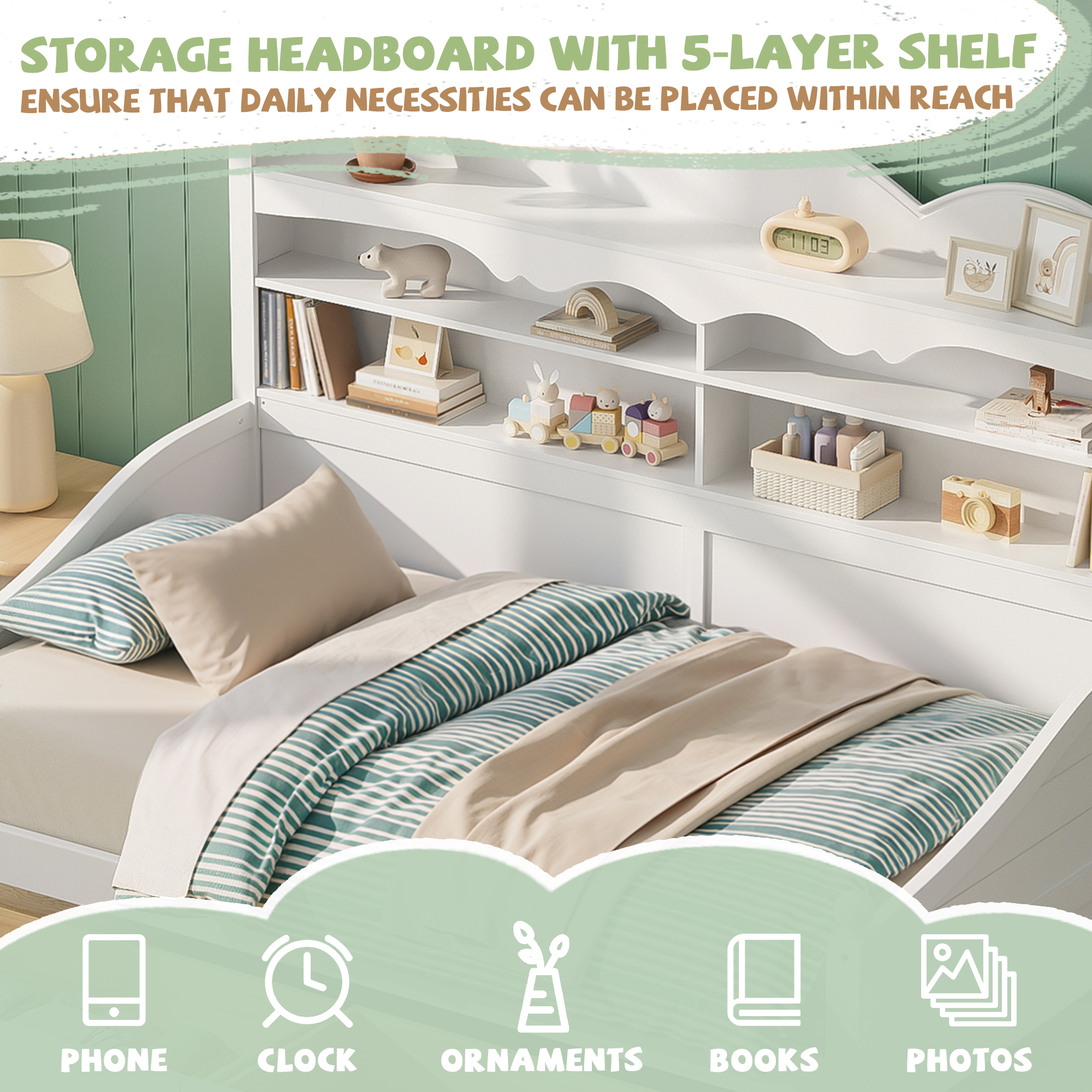 Twin Daybed With Storage Drawers, Wooden Twin Day Bed With Storage Headboard Shelving, Retro Style Daybed For Bedroom,Living Room,Guest Room,No Box Spring Needed, Easy Assembly, White - Image 5
