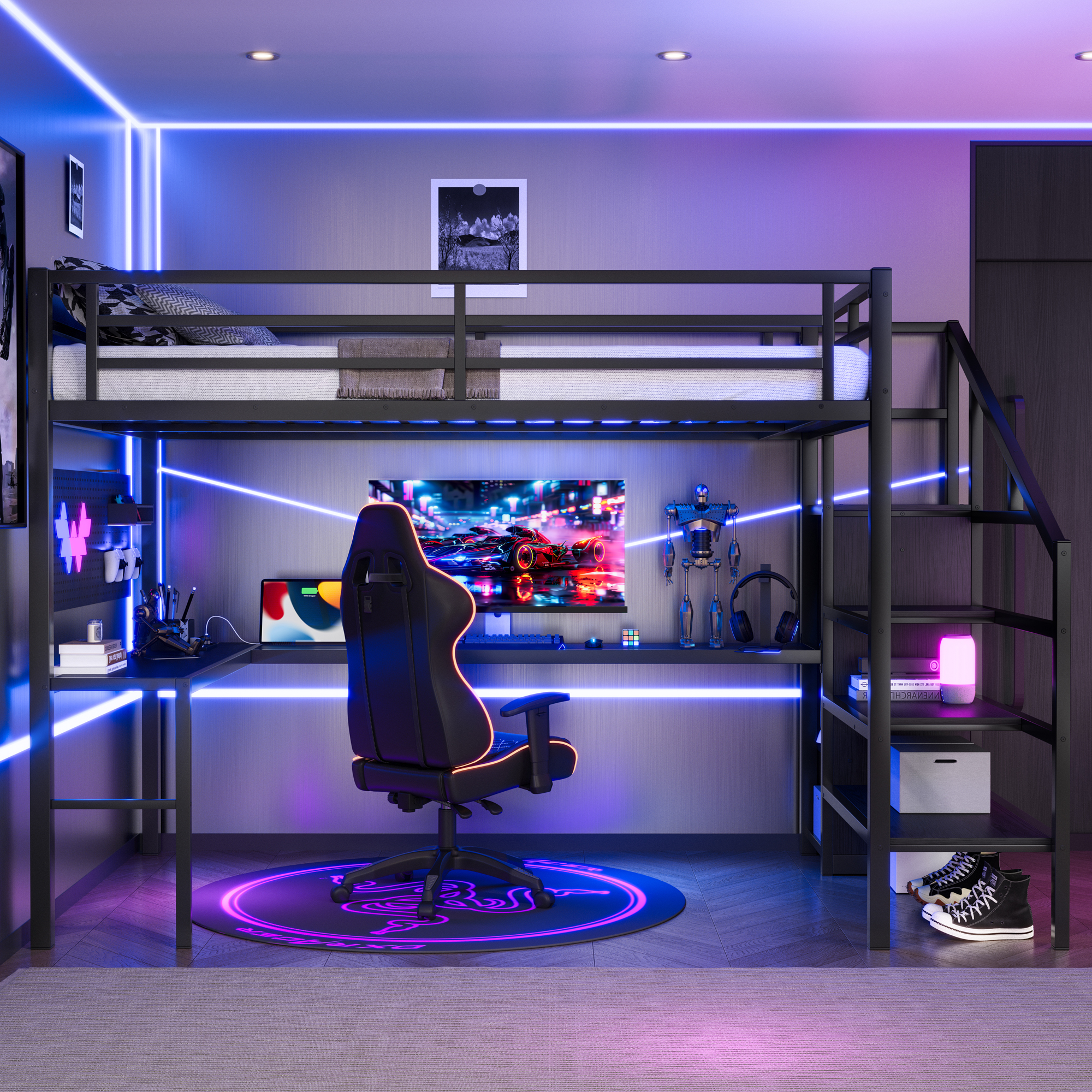 Full XL Size Loft Bed with L-shaped Desk and USB, Metal Loft Bed with Wardrobe and Adjustable Shelf, High Loft Bed with LED for Kids Teens Adults, Black - Image 2