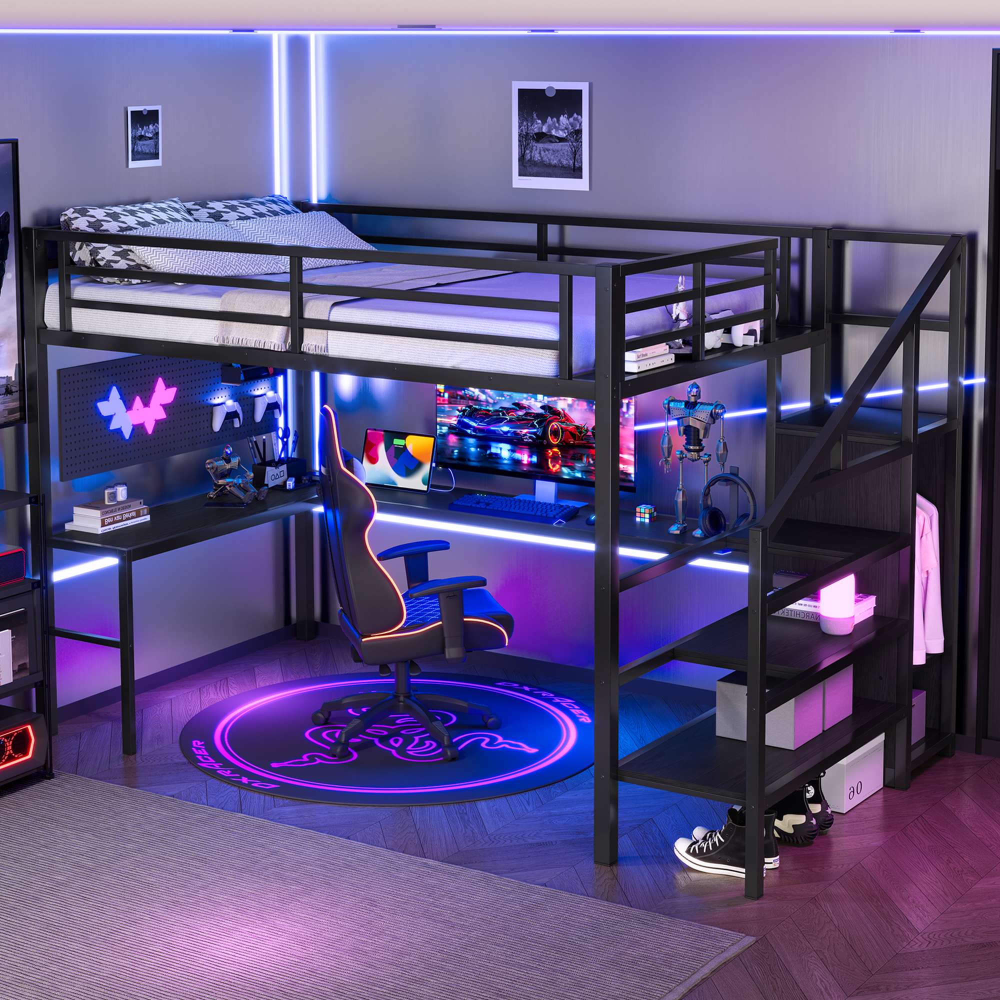 Full XL Size Loft Bed with L-shaped Desk and USB, Metal Loft Bed with Wardrobe and Adjustable Shelf, High Loft Bed with LED for Kids Teens Adults, Black - Image 3