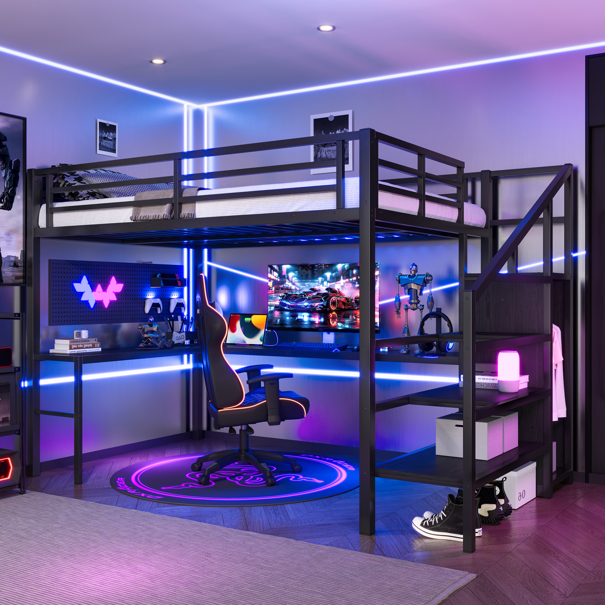 Full XL Size Loft Bed with L-shaped Desk and USB, Metal Loft Bed with Wardrobe and Adjustable Shelf, High Loft Bed with LED for Kids Teens Adults, Black - Image 4