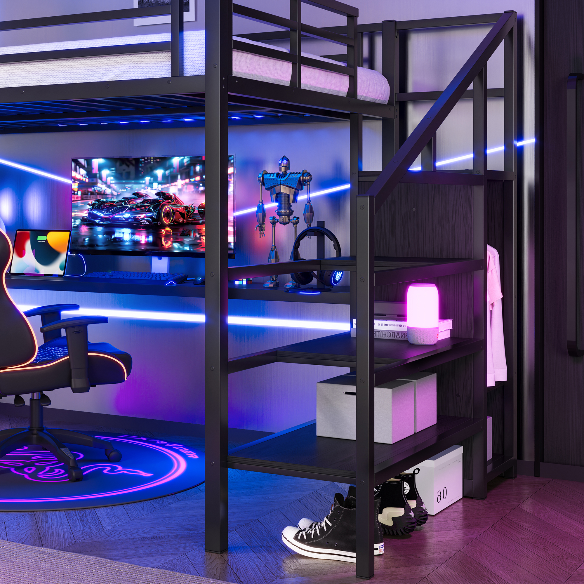 Full XL Size Loft Bed with L-shaped Desk and USB, Metal Loft Bed with Wardrobe and Adjustable Shelf, High Loft Bed with LED for Kids Teens Adults, Black - Image 6