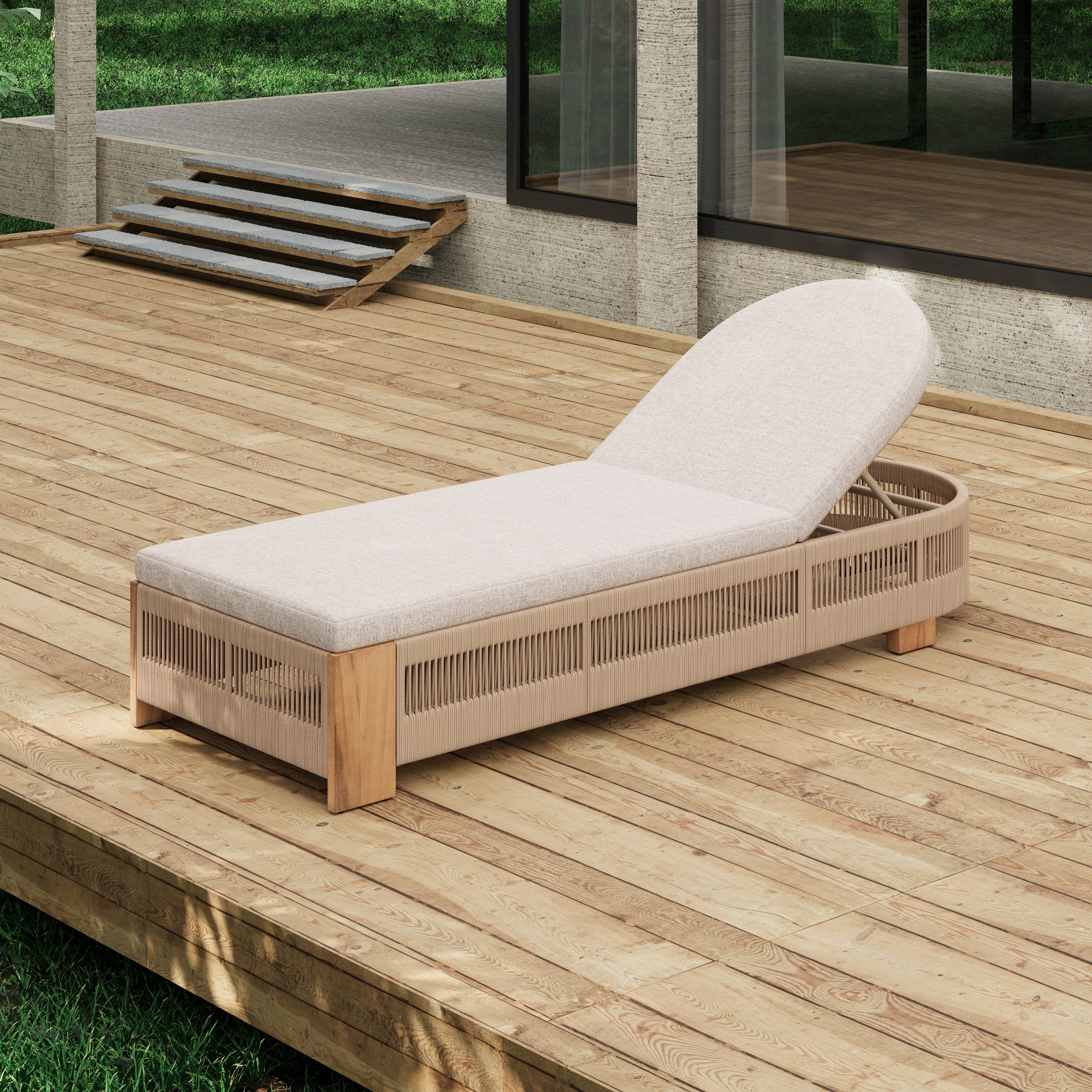 Outdoor Chaise Lounge Chair, Acacia wood Pool Chair with Adjustable Backrest and Cushion, Outdoor Lounge Chair for Beach, Yard, or Poolside (Beige rope) - Image 1