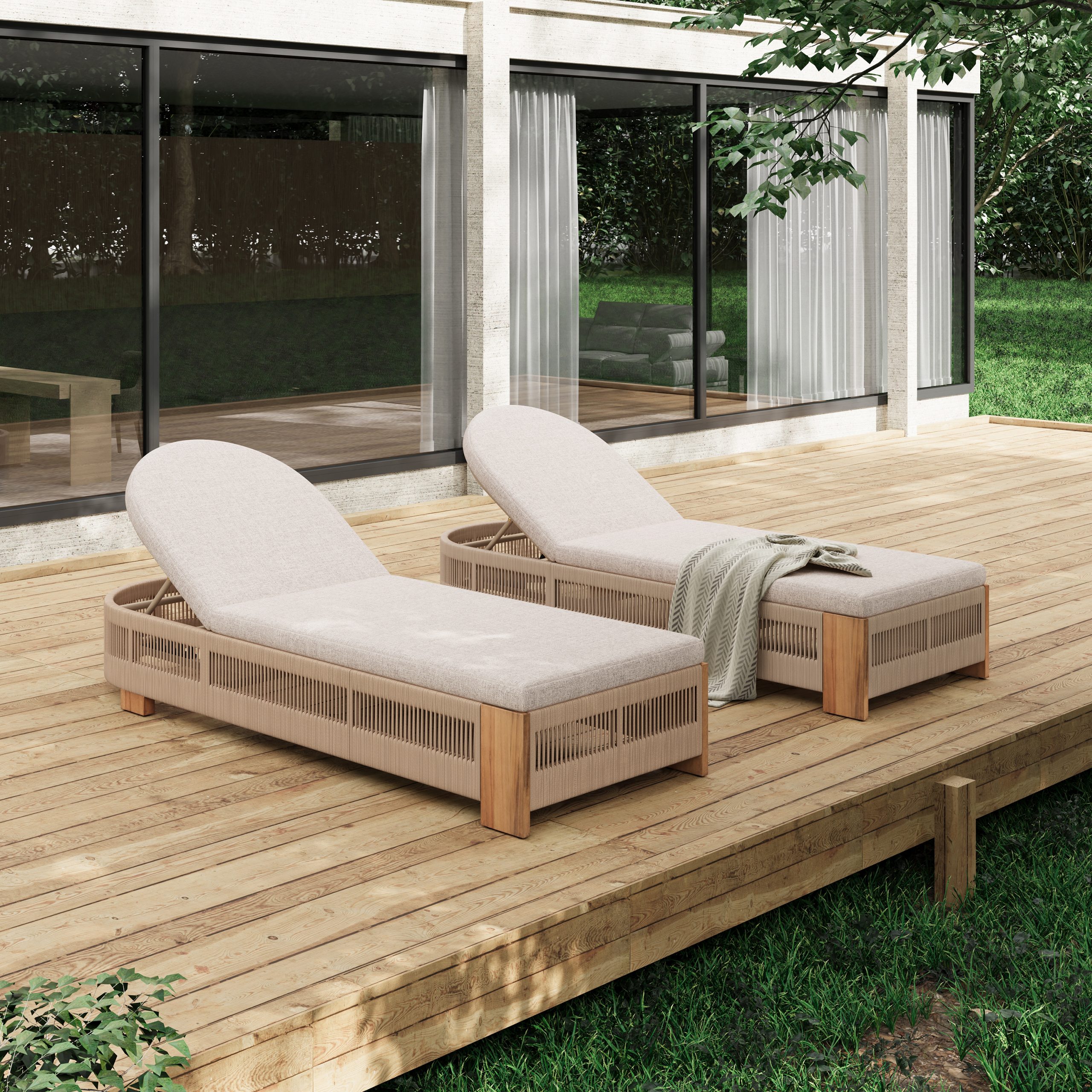 Outdoor Chaise Lounge Chair, Acacia wood Pool Chair with Adjustable Backrest and Cushion, Outdoor Lounge Chair for Beach, Yard, or Poolside (Beige rope) - Image 5