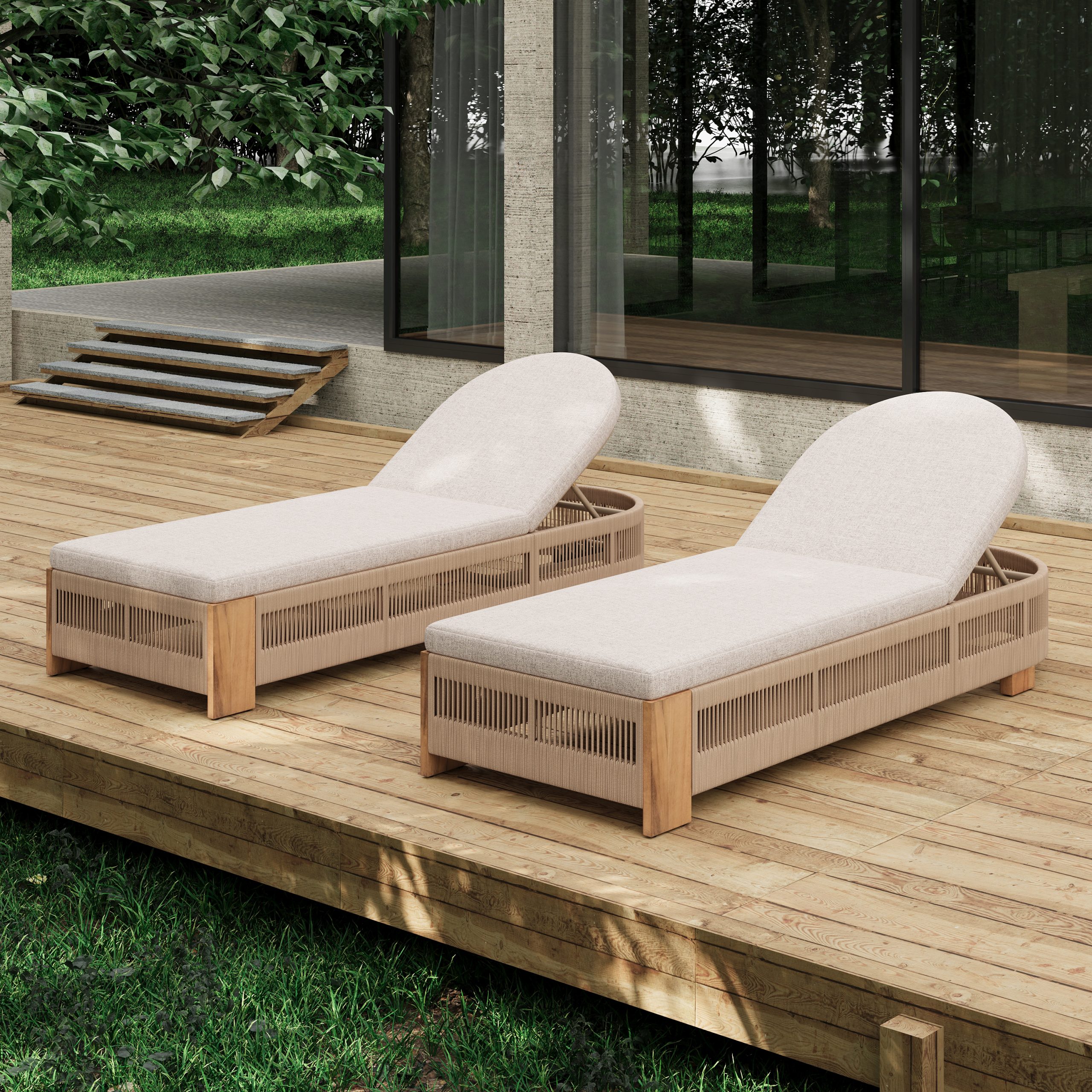 Outdoor Chaise Lounge Chair, Acacia wood Pool Chair with Adjustable Backrest and Cushion, Outdoor Lounge Chair for Beach, Yard, or Poolside (Beige rope) - Image 6