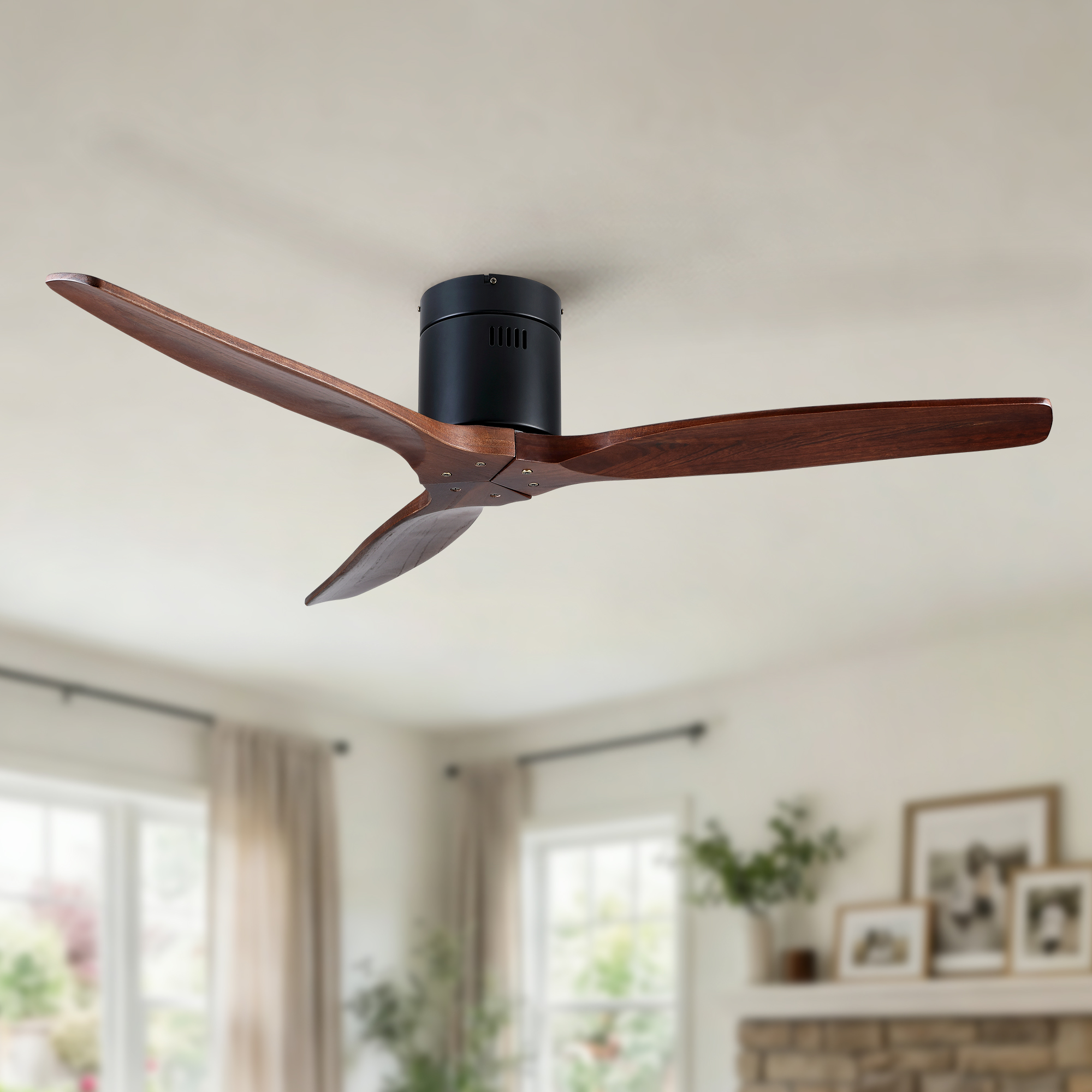52 inch Indoor Farmhouse Rustic Ceiling Fan Matte Black with 3 Solid Wood Blade Remote Control Reversible DC Motor - Image 2