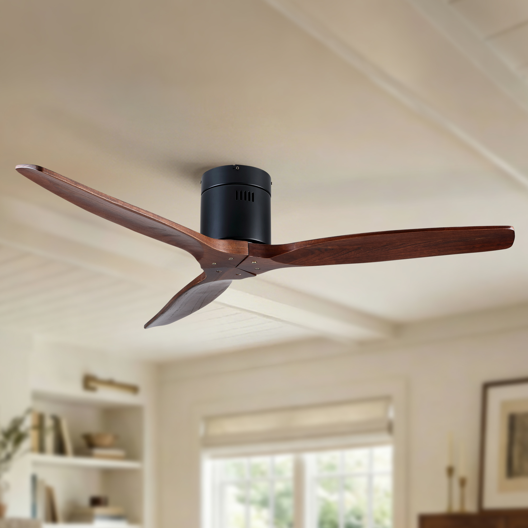 52 inch Indoor Farmhouse Rustic Ceiling Fan Matte Black with 3 Solid Wood Blade Remote Control Reversible DC Motor - Image 3