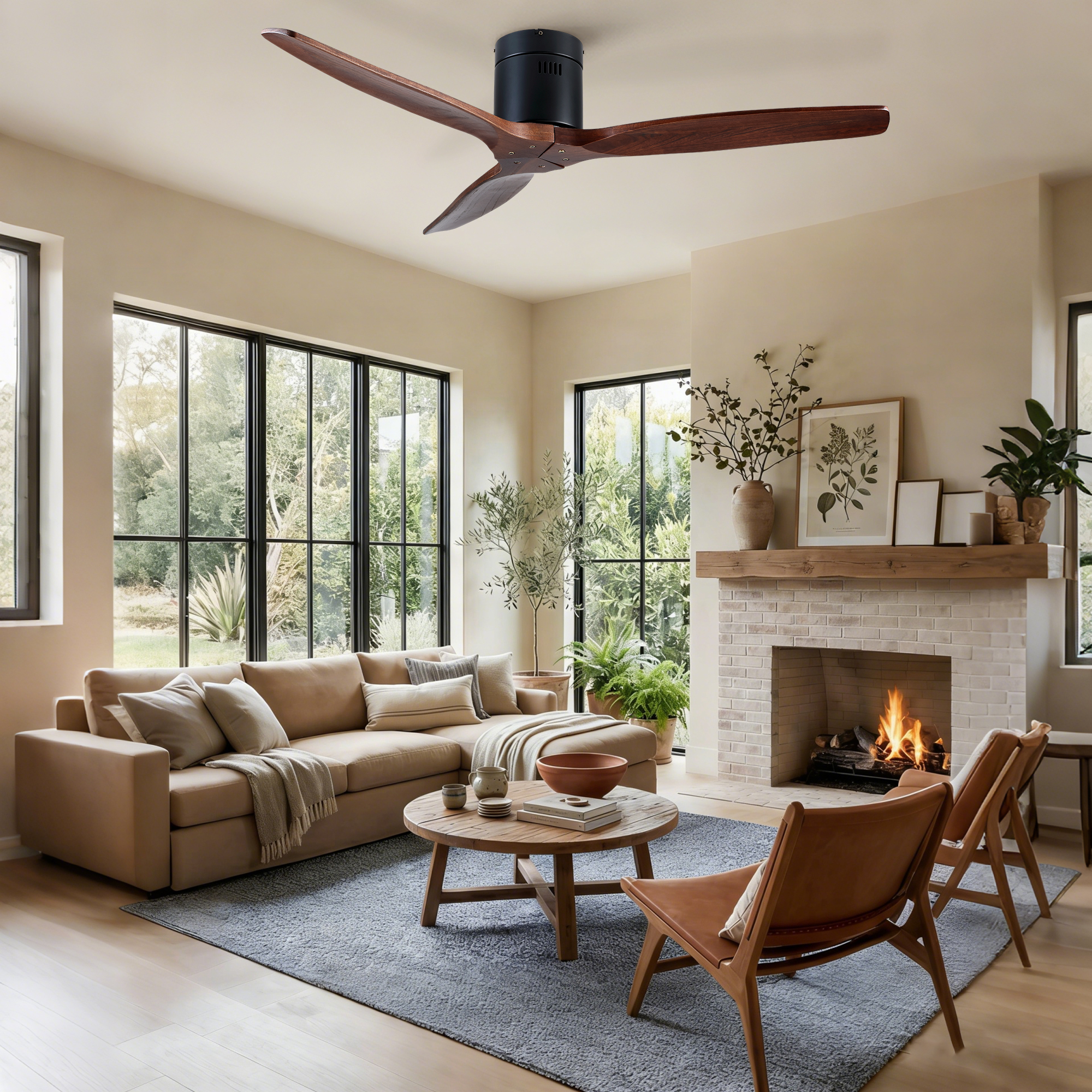 52 inch Indoor Farmhouse Rustic Ceiling Fan Matte Black with 3 Solid Wood Blade Remote Control Reversible DC Motor - Image 4