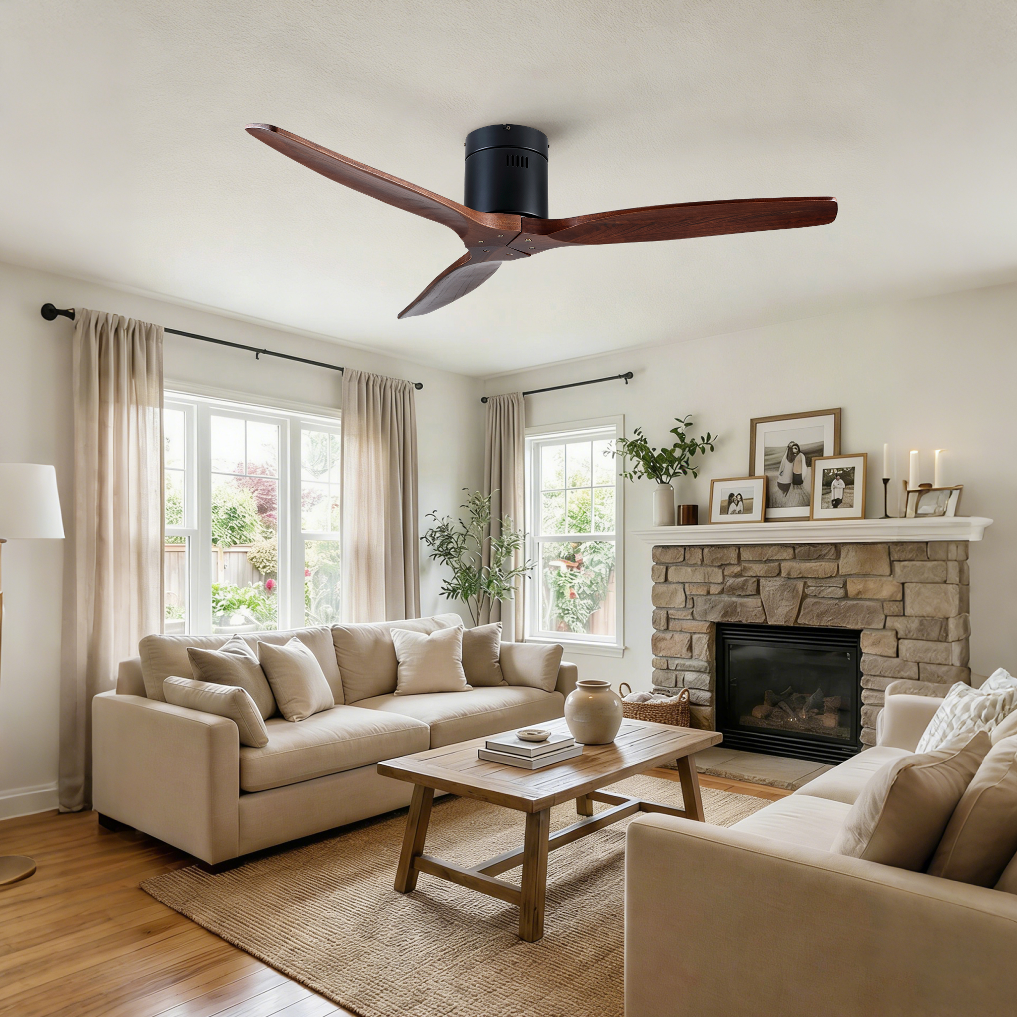 52 inch Indoor Farmhouse Rustic Ceiling Fan Matte Black with 3 Solid Wood Blade Remote Control Reversible DC Motor - Image 5