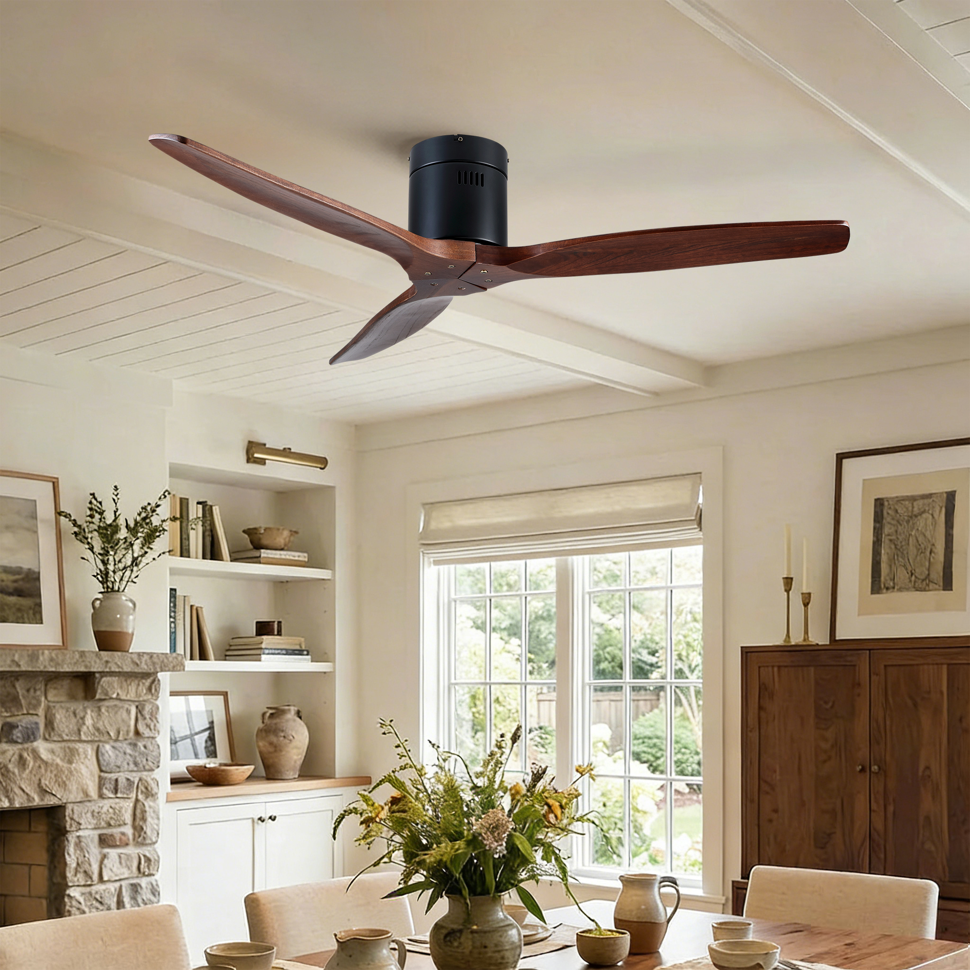 52 inch Indoor Farmhouse Rustic Ceiling Fan Matte Black with 3 Solid Wood Blade Remote Control Reversible DC Motor - Image 6