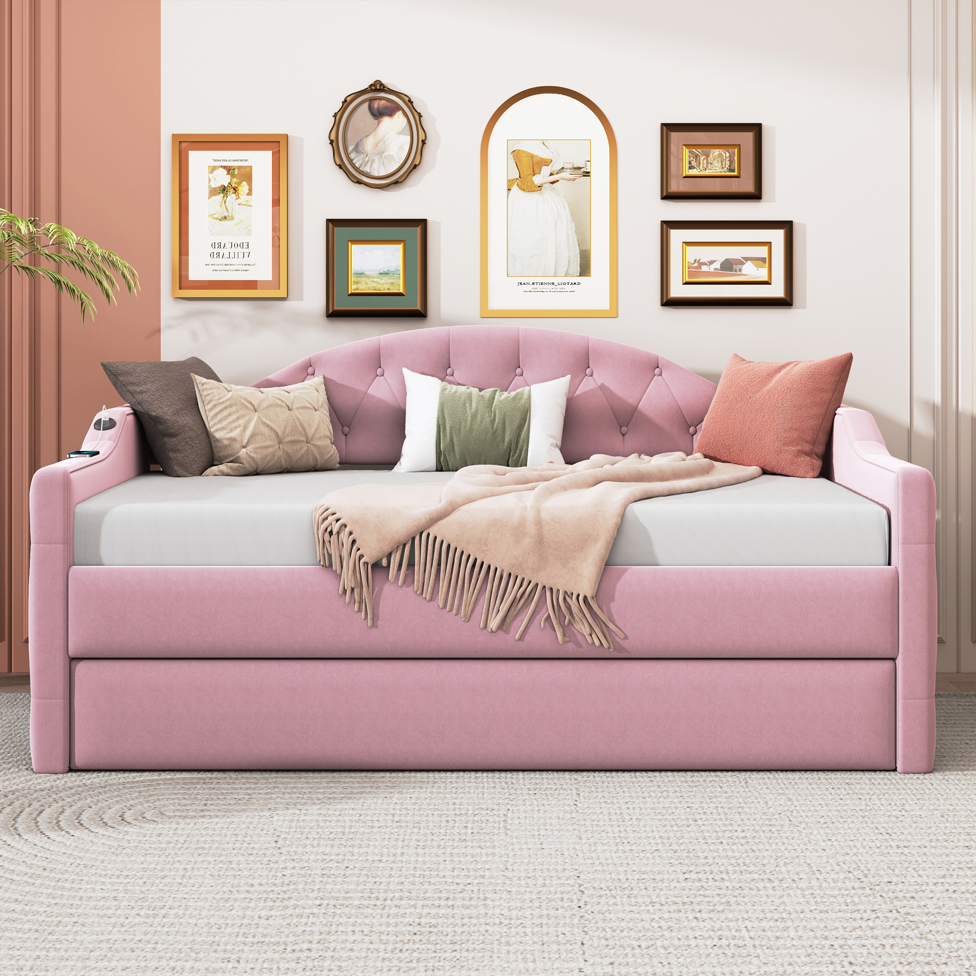 Twin Size Tufted Upholstered Daybed with Trundle ,Velvet Sofabed with USB&Type-C Charging Ports,No Box-spring Needed, Pink(Old SKU:HL000088AAH) - Image 3