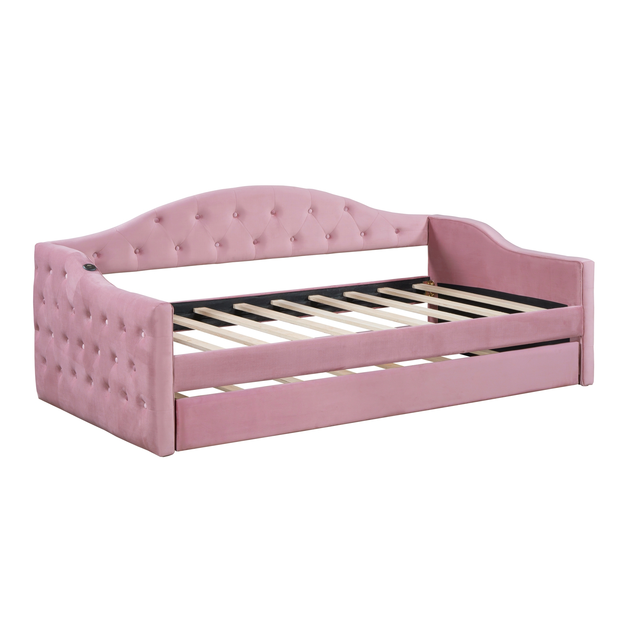 Twin Size Tufted Upholstered Daybed with Trundle ,Velvet Sofabed with USB&Type-C Charging Ports,No Box-spring Needed, Pink(Old SKU:HL000088AAH) - Image 4