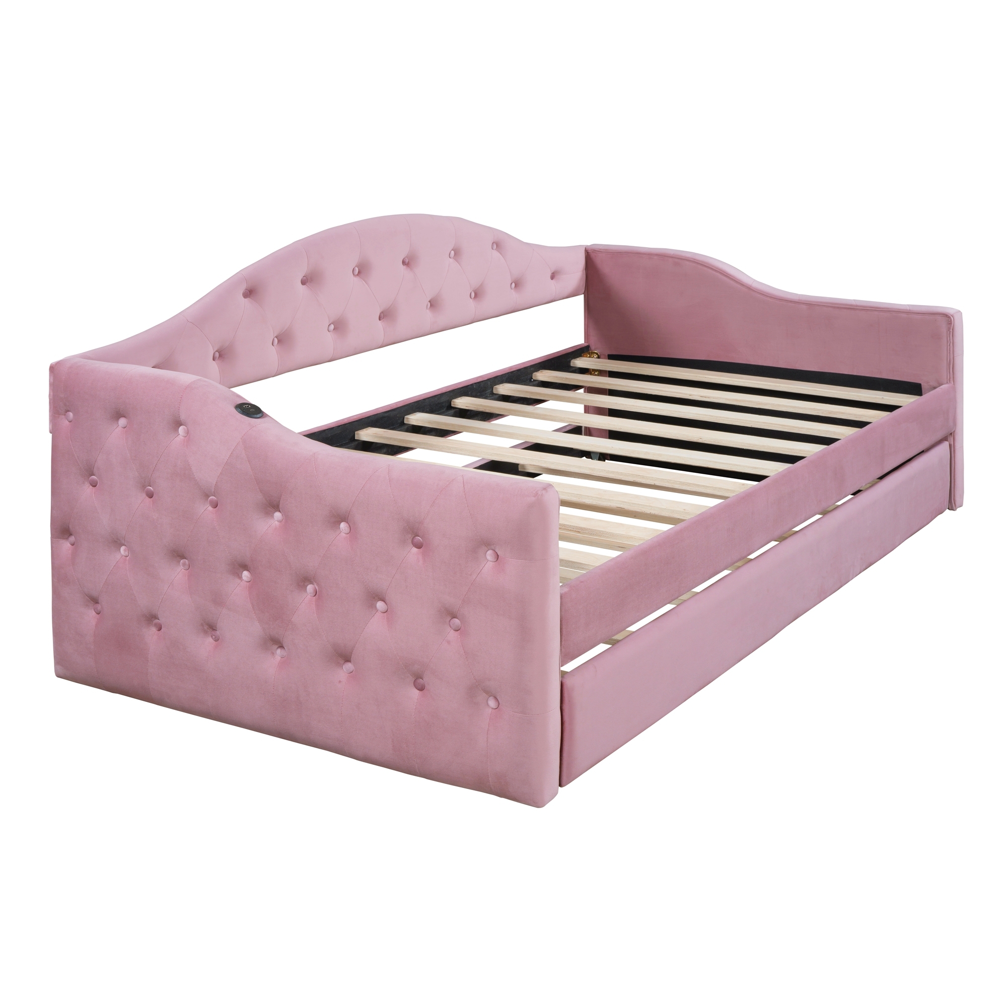Twin Size Tufted Upholstered Daybed with Trundle ,Velvet Sofabed with USB&Type-C Charging Ports,No Box-spring Needed, Pink(Old SKU:HL000088AAH) - Image 5