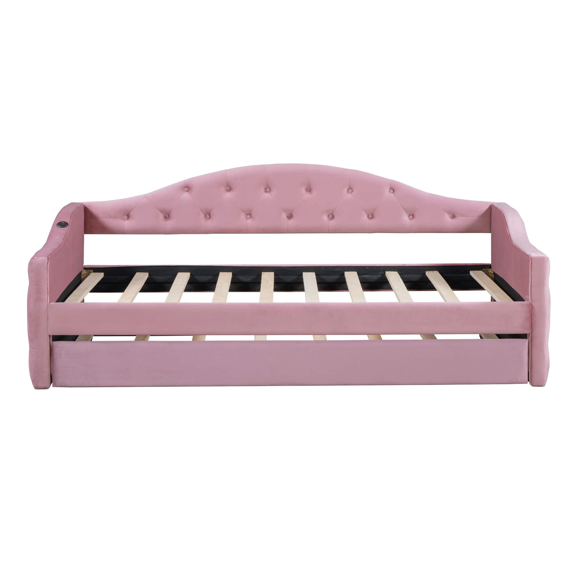 Twin Size Tufted Upholstered Daybed with Trundle ,Velvet Sofabed with USB&Type-C Charging Ports,No Box-spring Needed, Pink(Old SKU:HL000088AAH) - Image 6