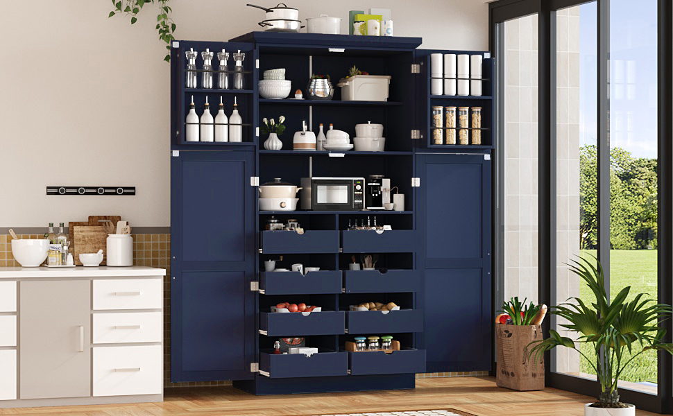 [Assembly Video Provided] TOPMAX 35.5x17.6x70.9inch Freestanding Kitchen Pantry Cabinet, Tall Storage Cabinet with 4 Doors, 2 Door Shelves, 8 Pull-out Trays and Adjustable Shelf for Dining Room, Blue - Image 2