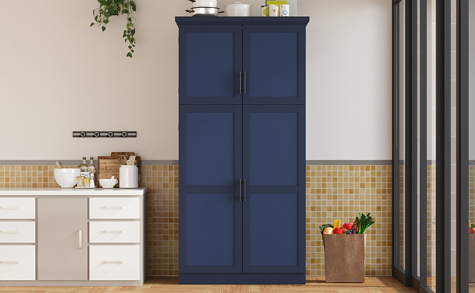 [Assembly Video Provided] TOPMAX 35.5x17.6x70.9inch Freestanding Kitchen Pantry Cabinet, Tall Storage Cabinet with 4 Doors, 2 Door Shelves, 8 Pull-out Trays and Adjustable Shelf for Dining Room, Blue - Image 3