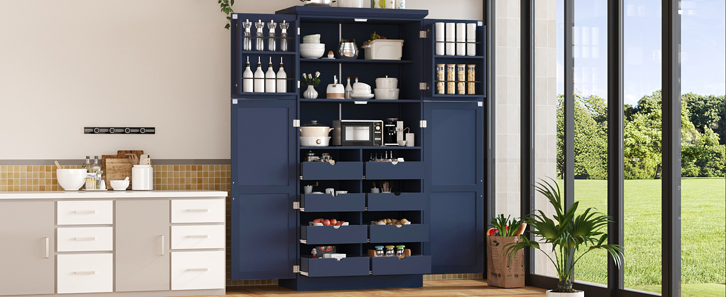 [Assembly Video Provided] TOPMAX 35.5x17.6x70.9inch Freestanding Kitchen Pantry Cabinet, Tall Storage Cabinet with 4 Doors, 2 Door Shelves, 8 Pull-out Trays and Adjustable Shelf for Dining Room, Blue - Image 4