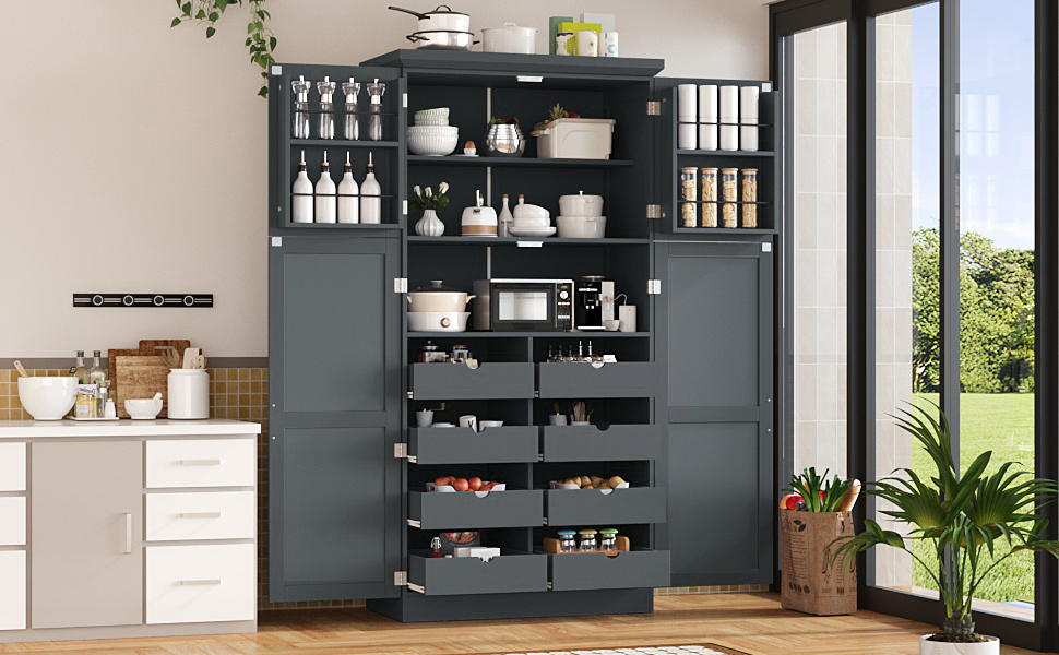 [Assembly Video Provided] TOPMAX 35.5x17.6x70.9inch Freestanding Kitchen Pantry Cabinet, Tall Storage Cabinet with 4 Doors, 2 Door Shelves, 8 Pull-out Trays and Adjustable Shelf for Dining Room, Gray - Image 2