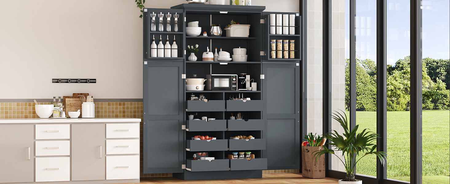[Assembly Video Provided] TOPMAX 35.5x17.6x70.9inch Freestanding Kitchen Pantry Cabinet, Tall Storage Cabinet with 4 Doors, 2 Door Shelves, 8 Pull-out Trays and Adjustable Shelf for Dining Room, Gray - Image 3