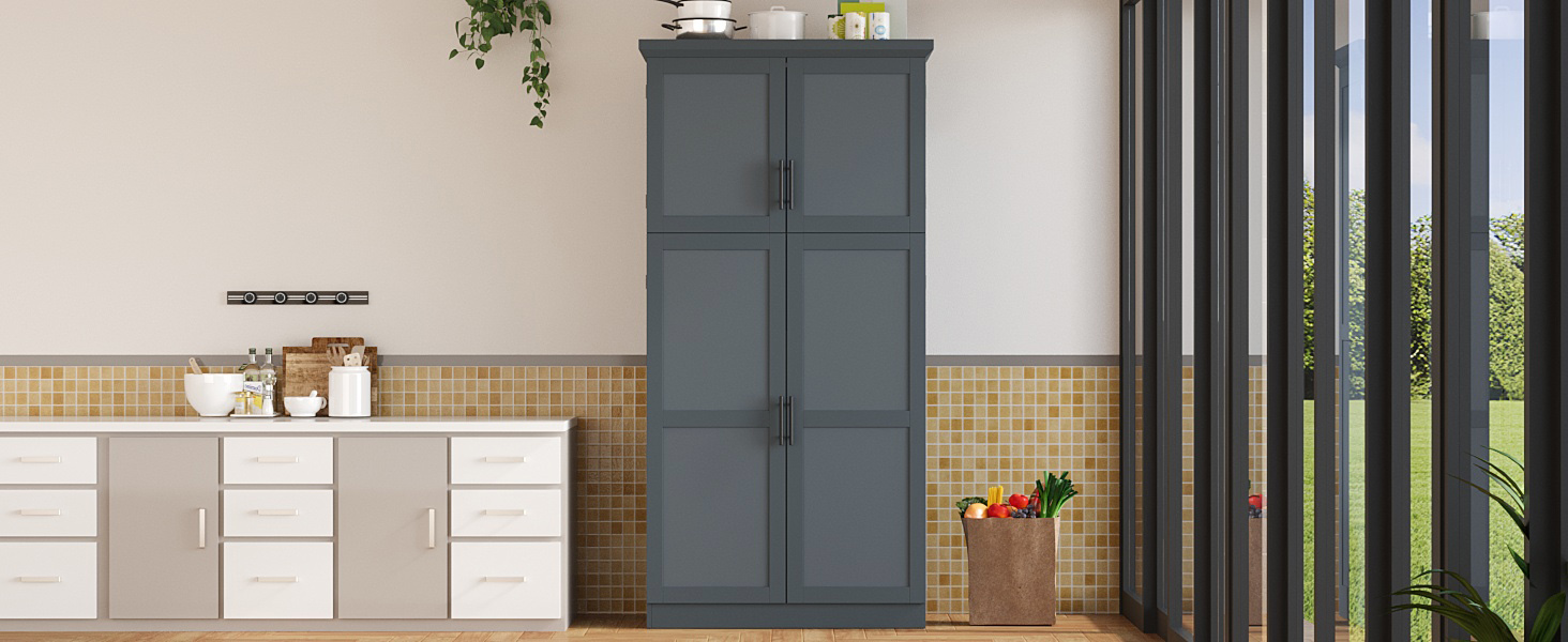 [Assembly Video Provided] TOPMAX 35.5x17.6x70.9inch Freestanding Kitchen Pantry Cabinet, Tall Storage Cabinet with 4 Doors, 2 Door Shelves, 8 Pull-out Trays and Adjustable Shelf for Dining Room, Gray - Image 4
