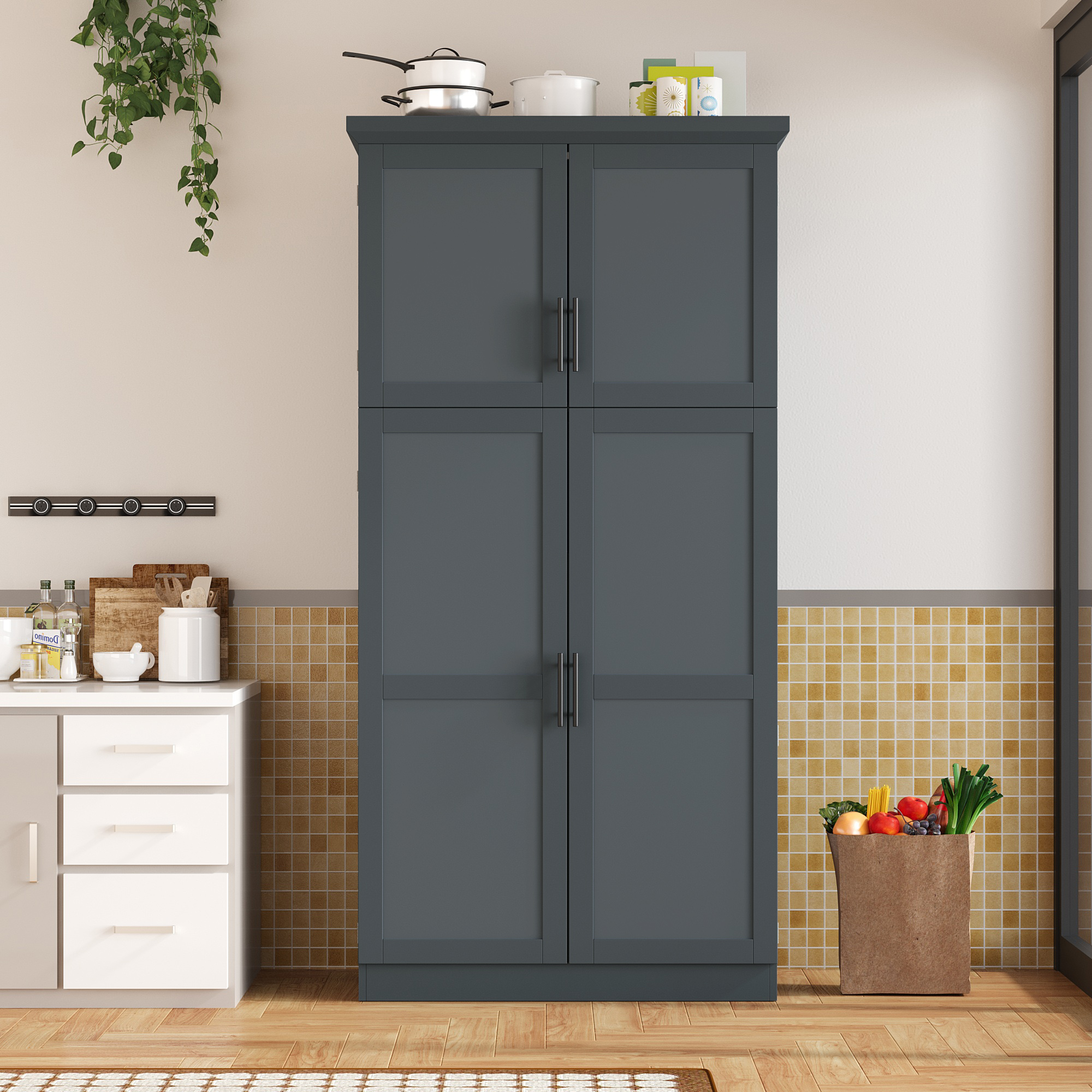 [Assembly Video Provided] TOPMAX 35.5x17.6x70.9inch Freestanding Kitchen Pantry Cabinet, Tall Storage Cabinet with 4 Doors, 2 Door Shelves, 8 Pull-out Trays and Adjustable Shelf for Dining Room, Gray - Image 6