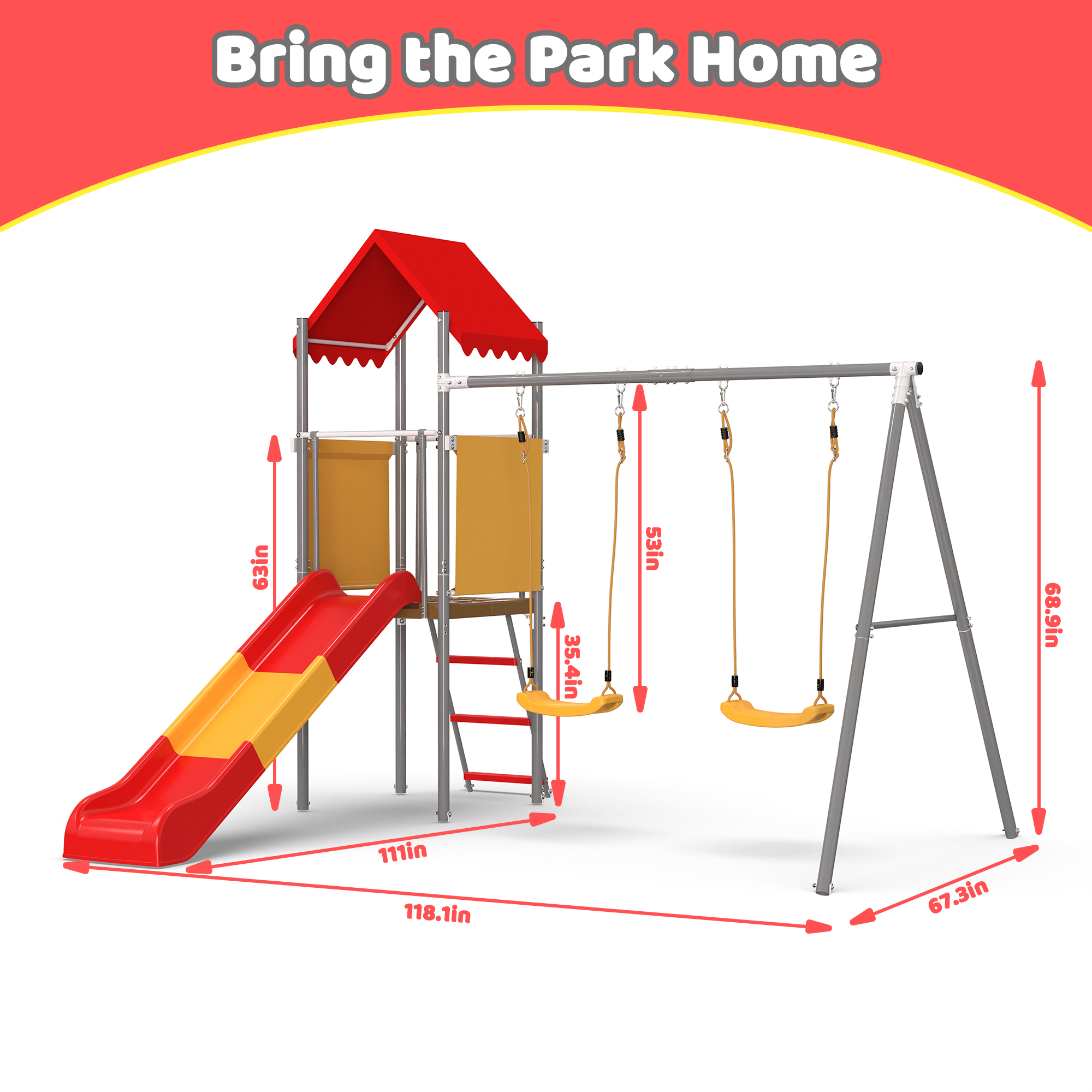 Metal and Plastic Treehouse Swing Set with Slide, Belt Swings, and Canopy – Safe, Sturdy, and Portable for Kids Ages 3-8 - Image 2