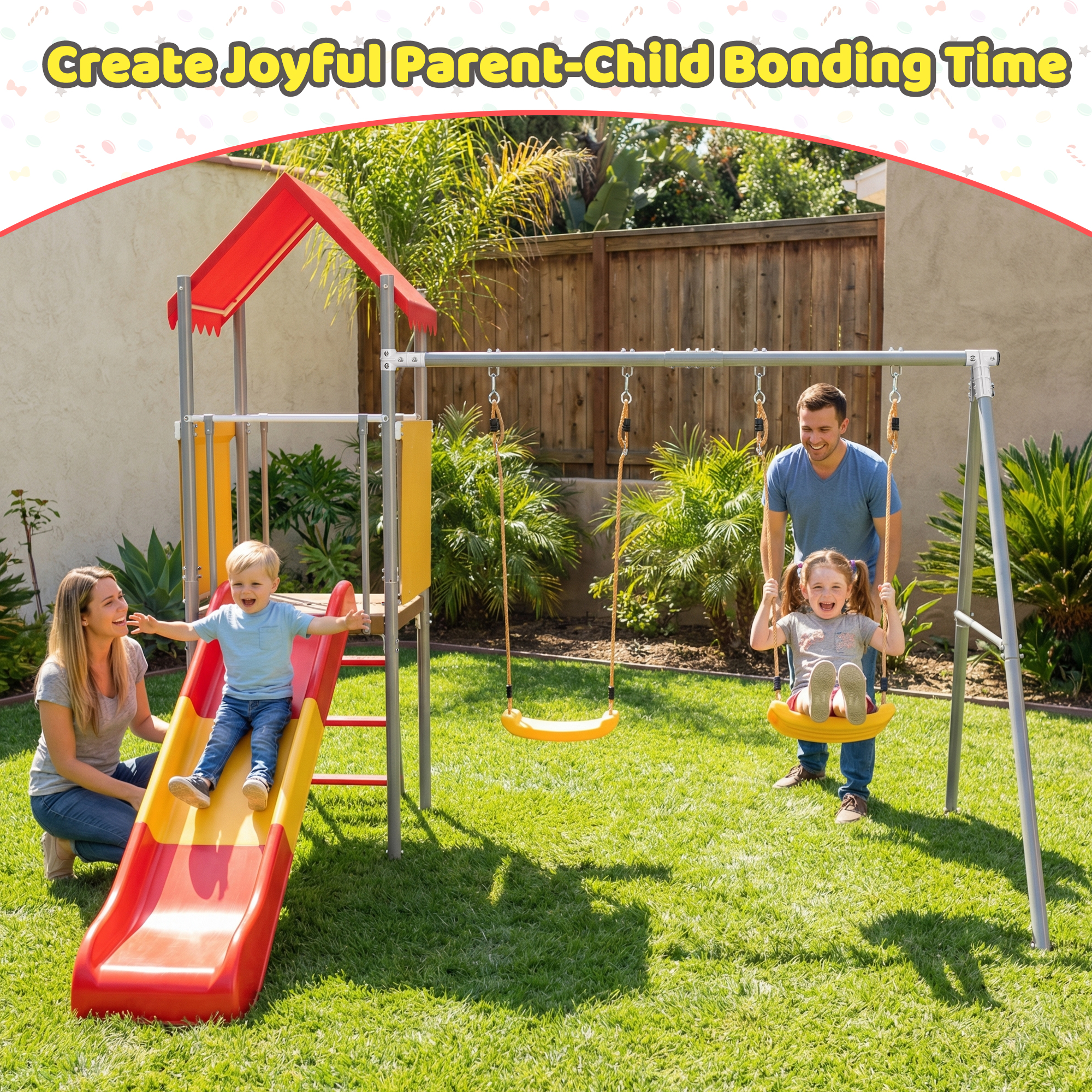 Metal and Plastic Treehouse Swing Set with Slide, Belt Swings, and Canopy – Safe, Sturdy, and Portable for Kids Ages 3-8 - Image 6