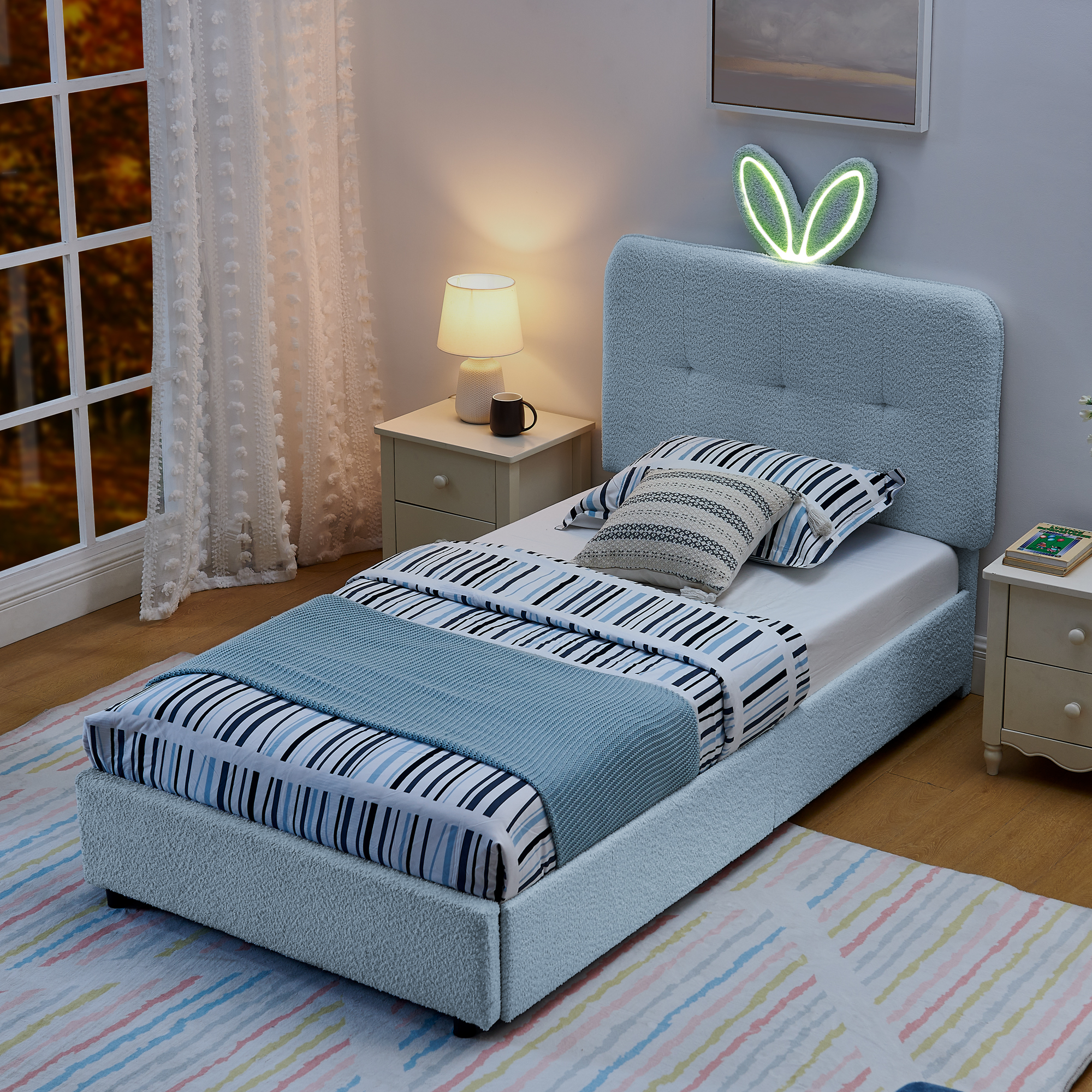 Twin Size Kids Upholstered Bed with Oversized Rabbit Ear Headboard, LED Light & 4 Storage Drawers, Boucle Fabric (79.5''X40.75''X41'') - Image 2