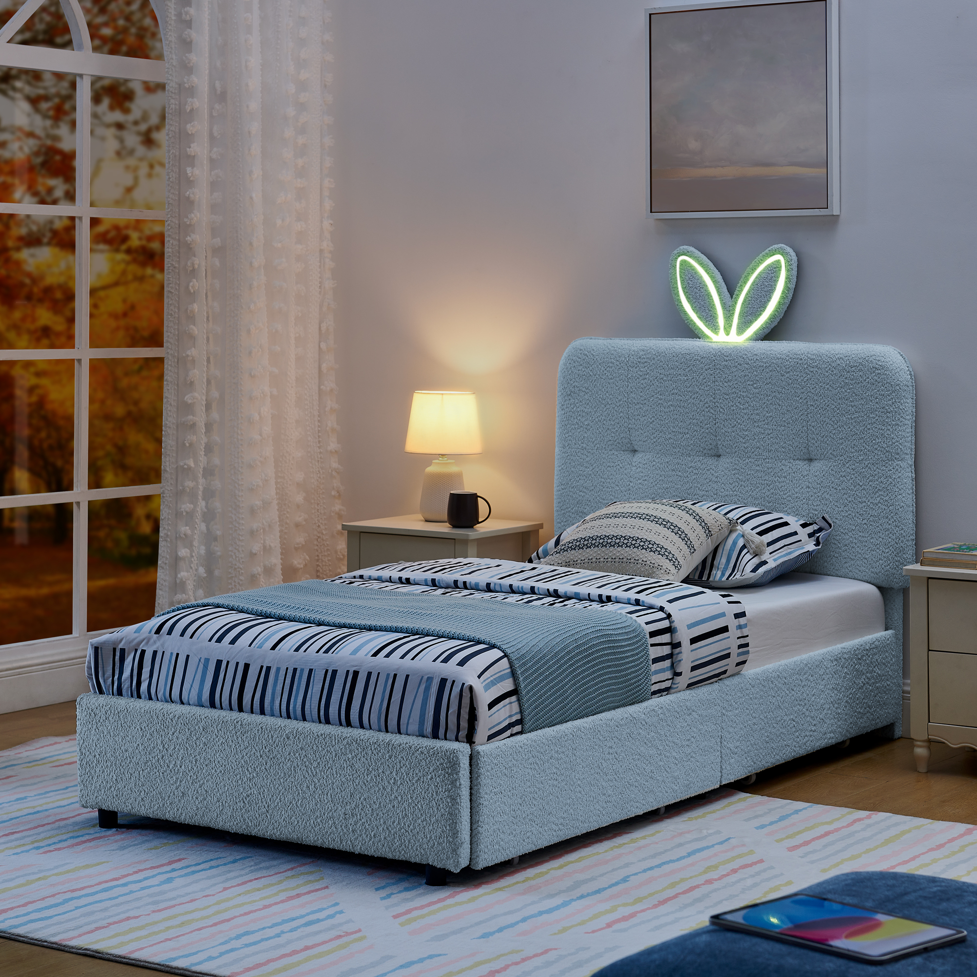 Twin Size Kids Upholstered Bed with Oversized Rabbit Ear Headboard, LED Light & 4 Storage Drawers, Boucle Fabric (79.5''X40.75''X41'') - Image 3