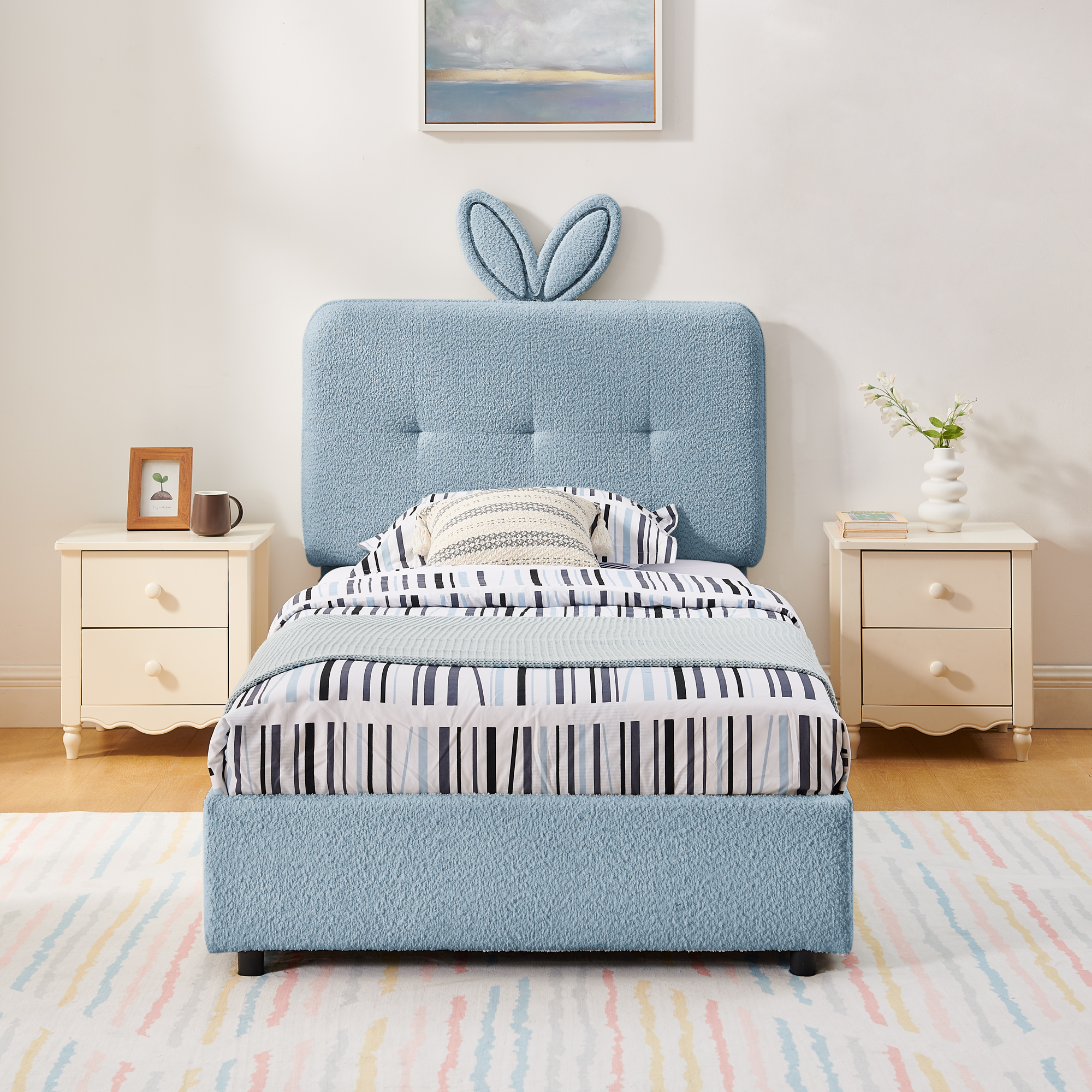 Twin Size Kids Upholstered Bed with Oversized Rabbit Ear Headboard, LED Light & 4 Storage Drawers, Boucle Fabric (79.5''X40.75''X41'') - Image 4