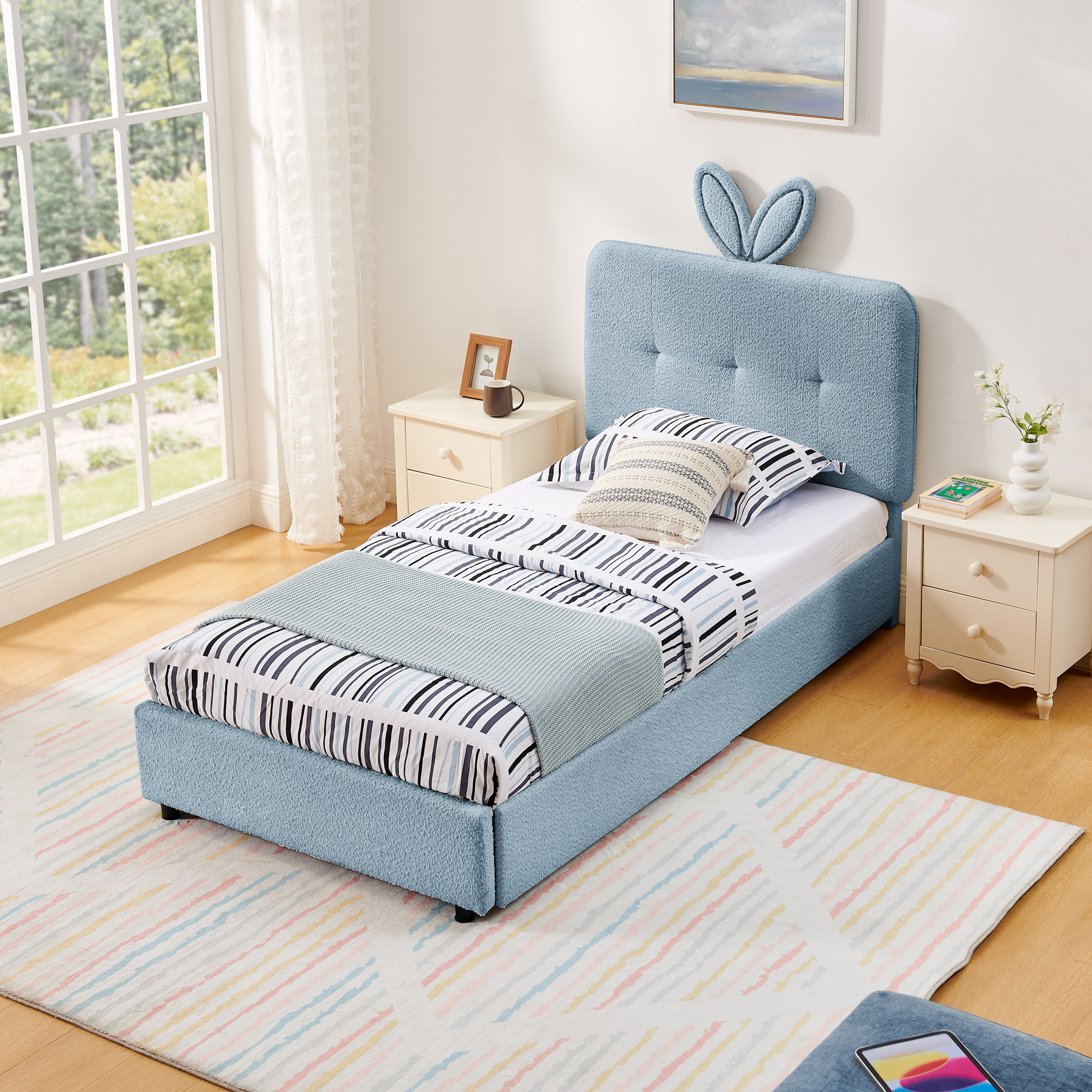 Twin Size Kids Upholstered Bed with Oversized Rabbit Ear Headboard, LED Light & 4 Storage Drawers, Boucle Fabric (79.5''X40.75''X41'') - Image 5