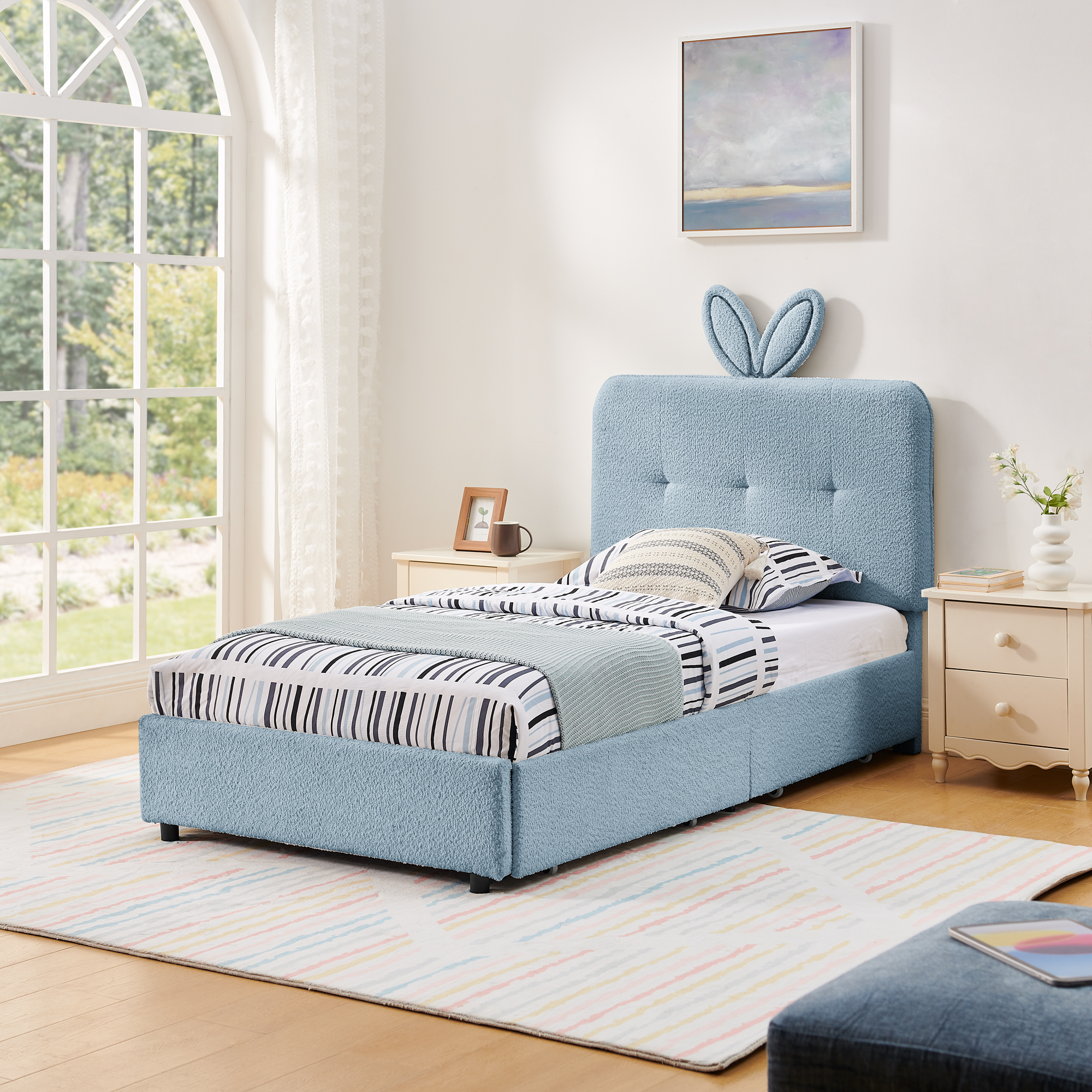 Twin Size Kids Upholstered Bed with Oversized Rabbit Ear Headboard, LED Light & 4 Storage Drawers, Boucle Fabric (79.5''X40.75''X41'') - Image 6