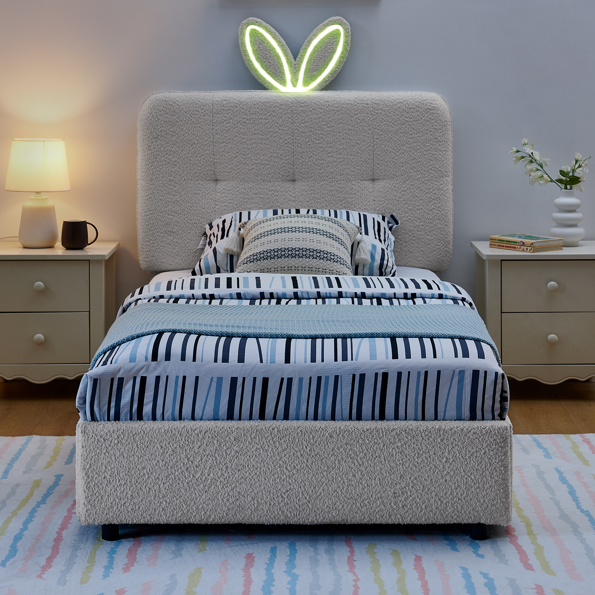 Twin Size Kids Upholstered Bed with Oversized Rabbit Ear Headboard, LED Light & 4 Storage Drawers, Boucle Fabric (79.5''X40.75''X41'') - Image 1