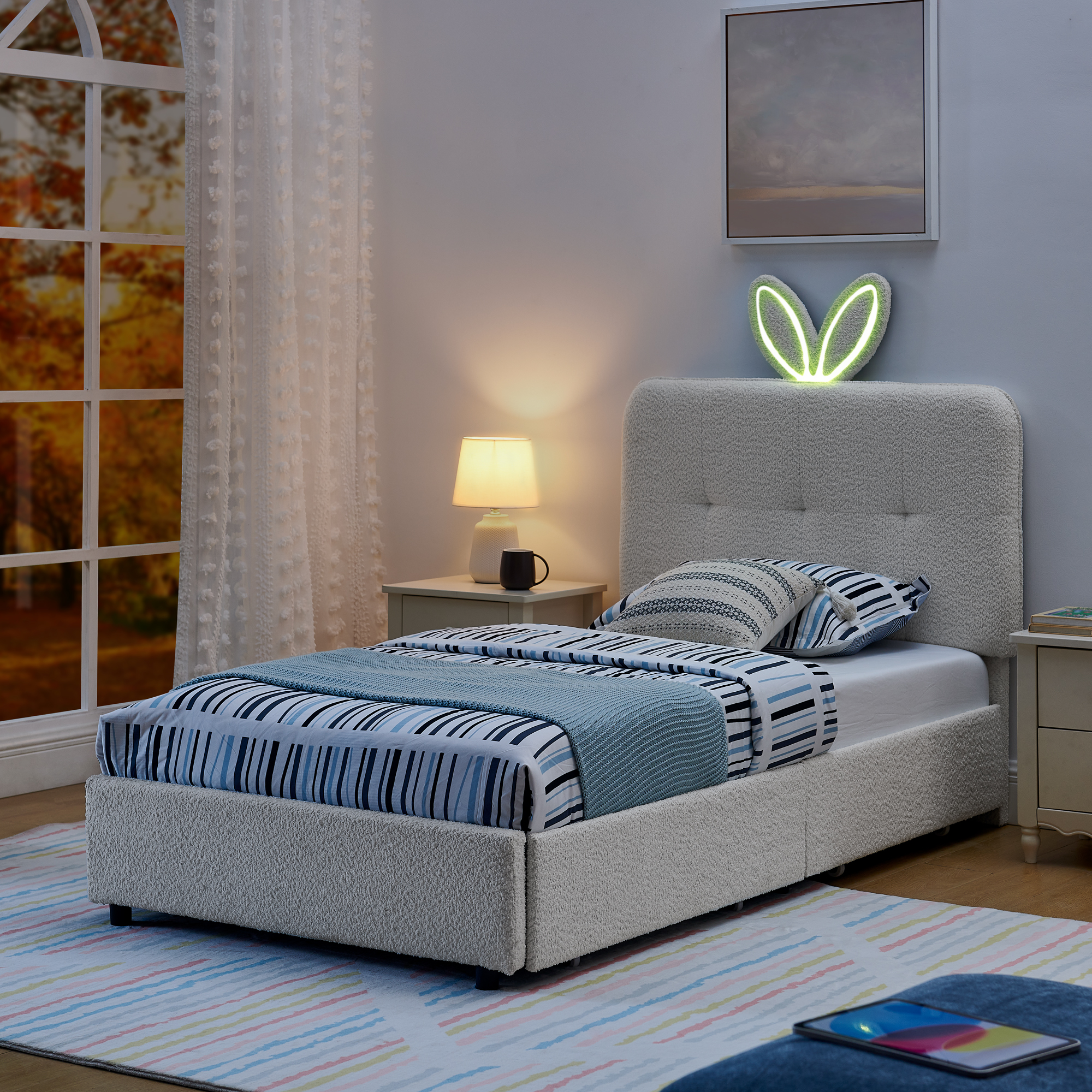 Twin Size Kids Upholstered Bed with Oversized Rabbit Ear Headboard, LED Light & 4 Storage Drawers, Boucle Fabric (79.5''X40.75''X41'') - Image 2