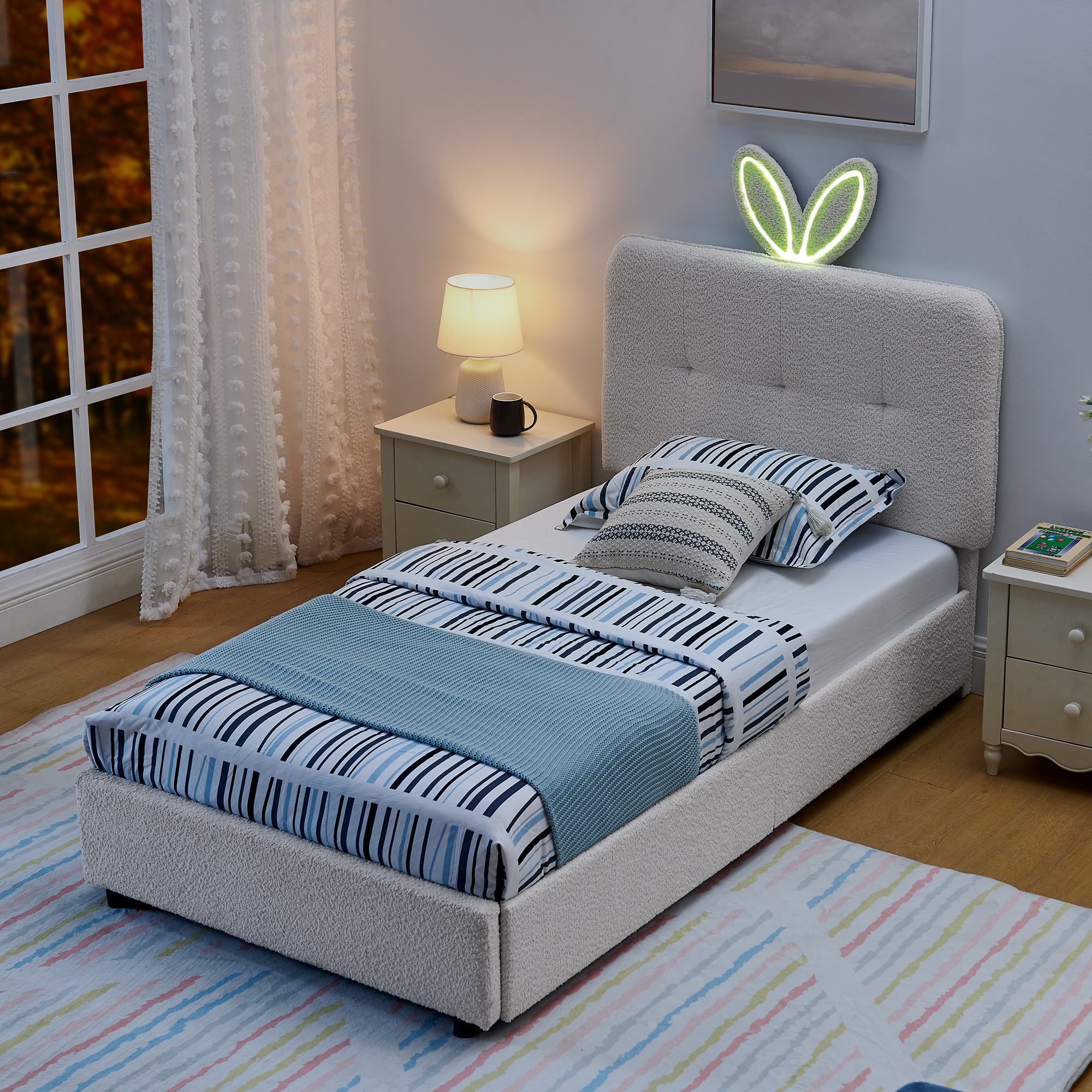 Twin Size Kids Upholstered Bed with Oversized Rabbit Ear Headboard, LED Light & 4 Storage Drawers, Boucle Fabric (79.5''X40.75''X41'') - Image 3