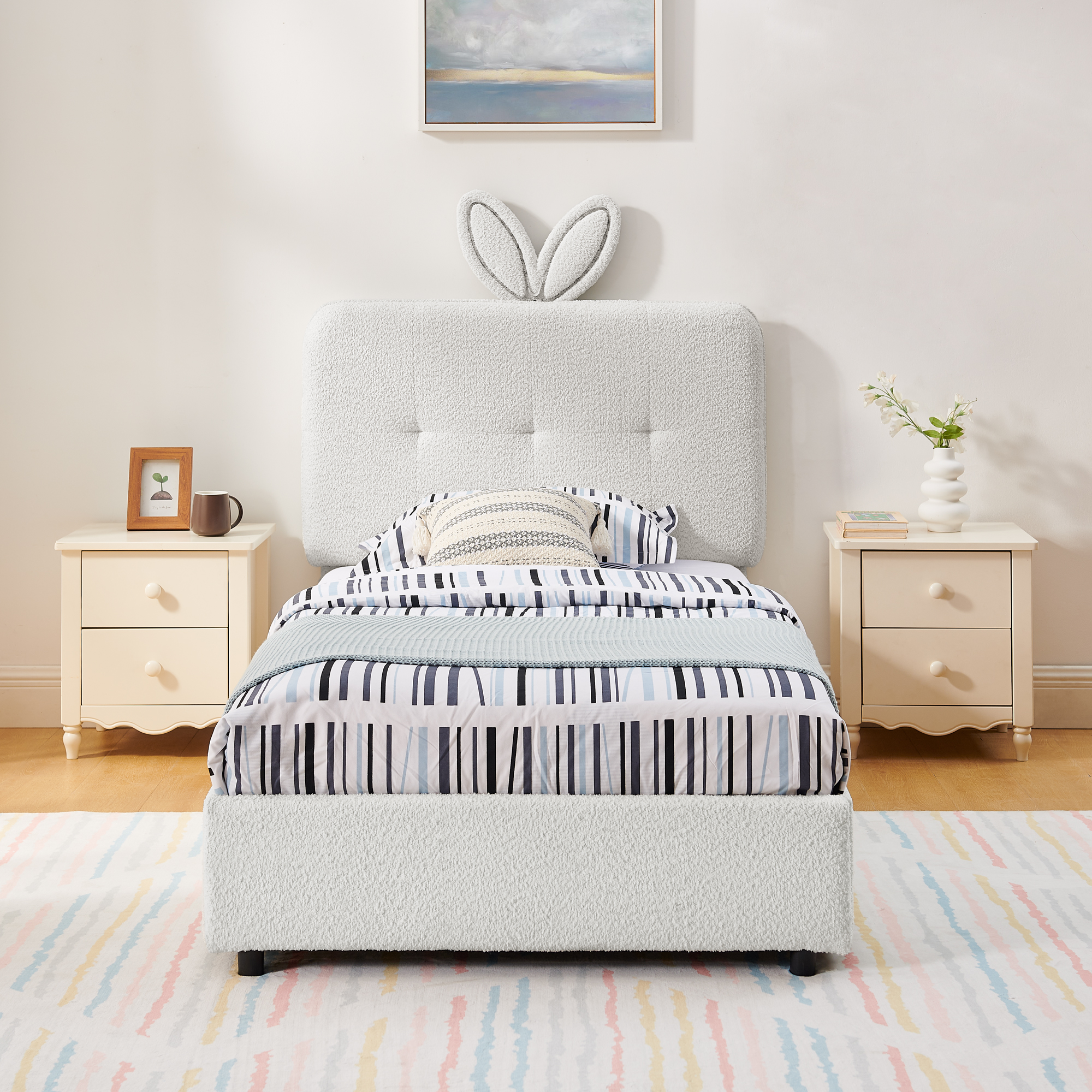Twin Size Kids Upholstered Bed with Oversized Rabbit Ear Headboard, LED Light & 4 Storage Drawers, Boucle Fabric (79.5''X40.75''X41'') - Image 4