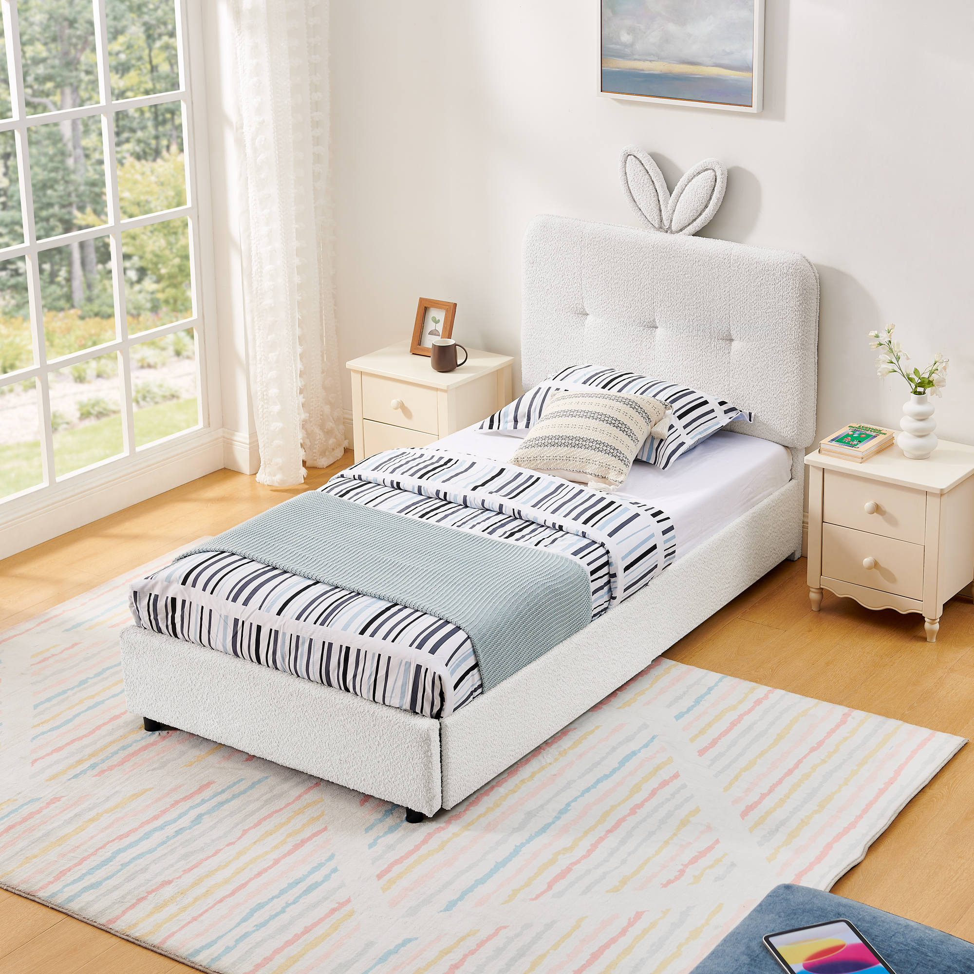 Twin Size Kids Upholstered Bed with Oversized Rabbit Ear Headboard, LED Light & 4 Storage Drawers, Boucle Fabric (79.5''X40.75''X41'') - Image 5