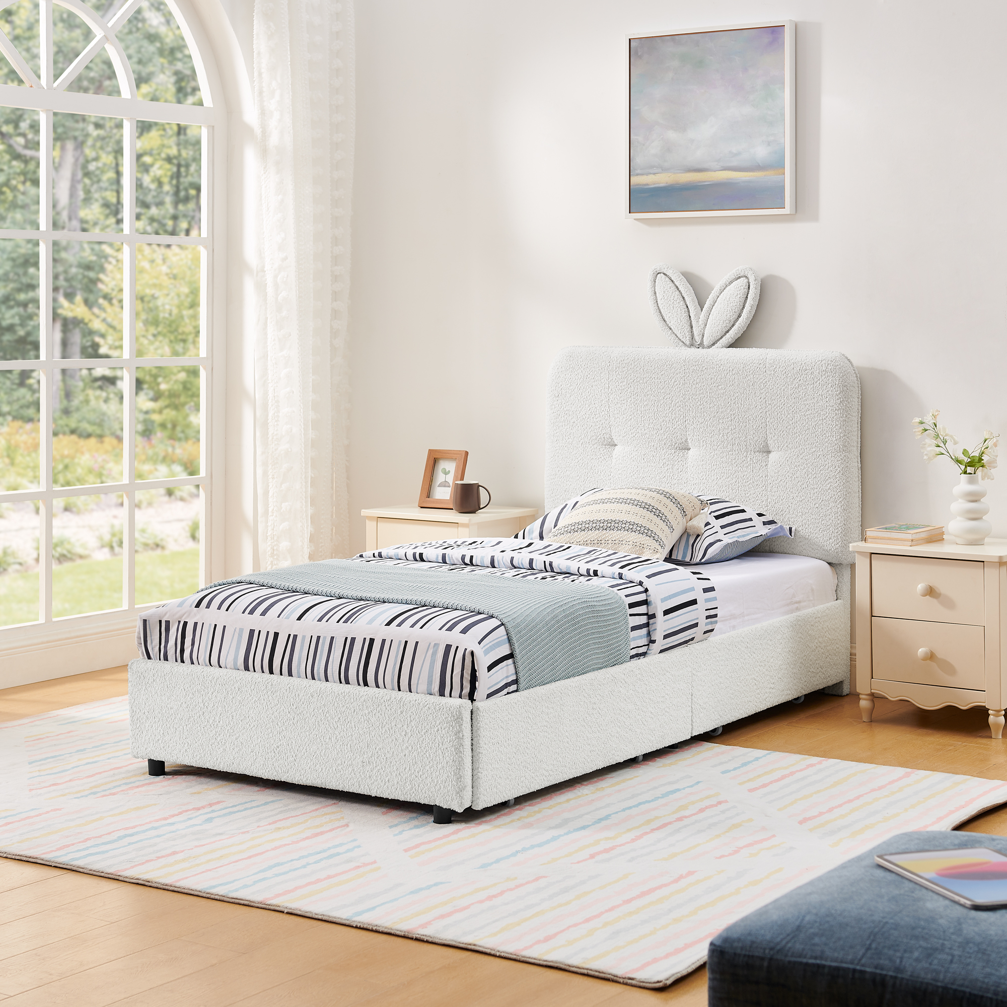Twin Size Kids Upholstered Bed with Oversized Rabbit Ear Headboard, LED Light & 4 Storage Drawers, Boucle Fabric (79.5''X40.75''X41'') - Image 6