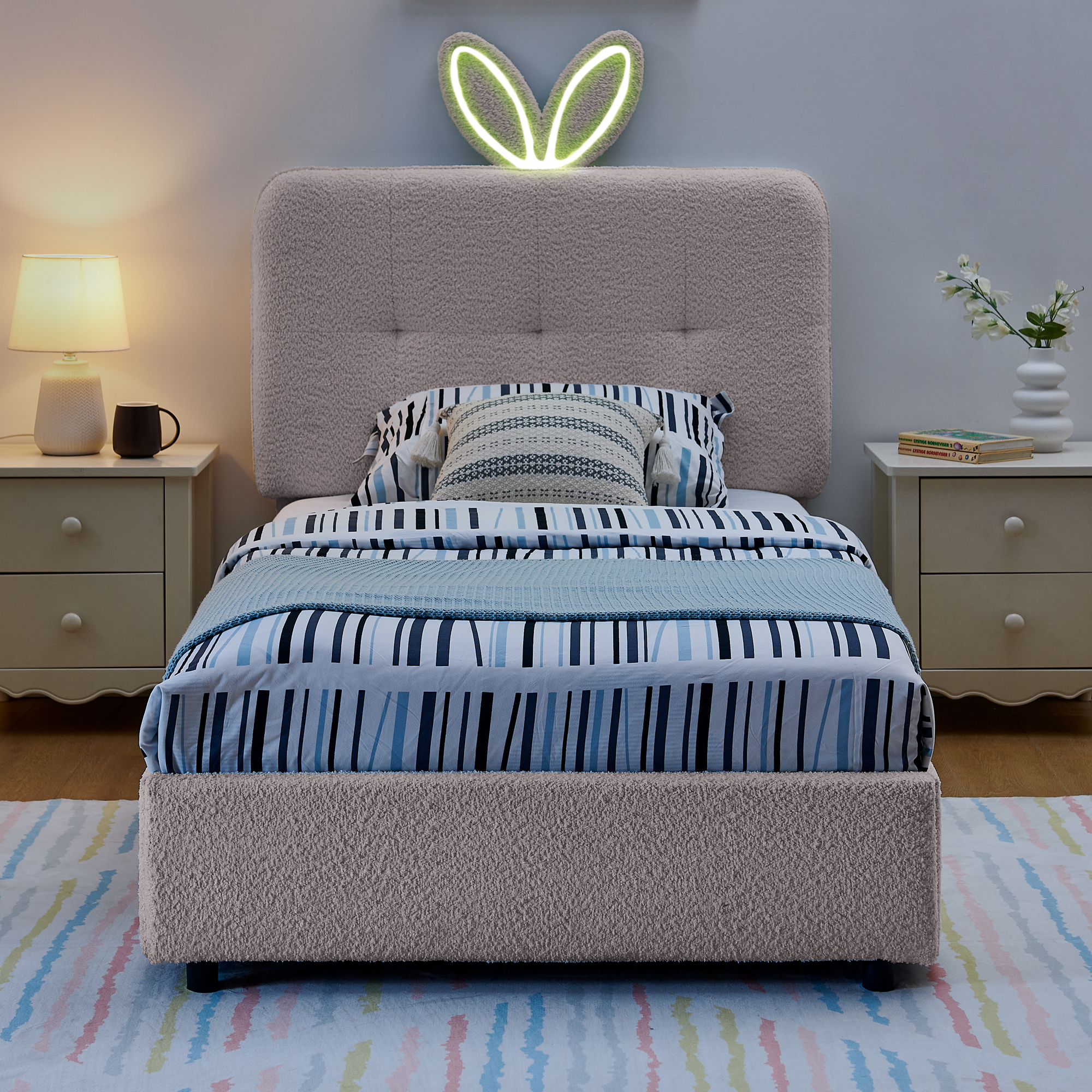 Twin Size Kids Upholstered Bed with Oversized Rabbit Ear Headboard, LED Light & 4 Storage Drawers, Boucle Fabric (79.5”X40.75”X41”)