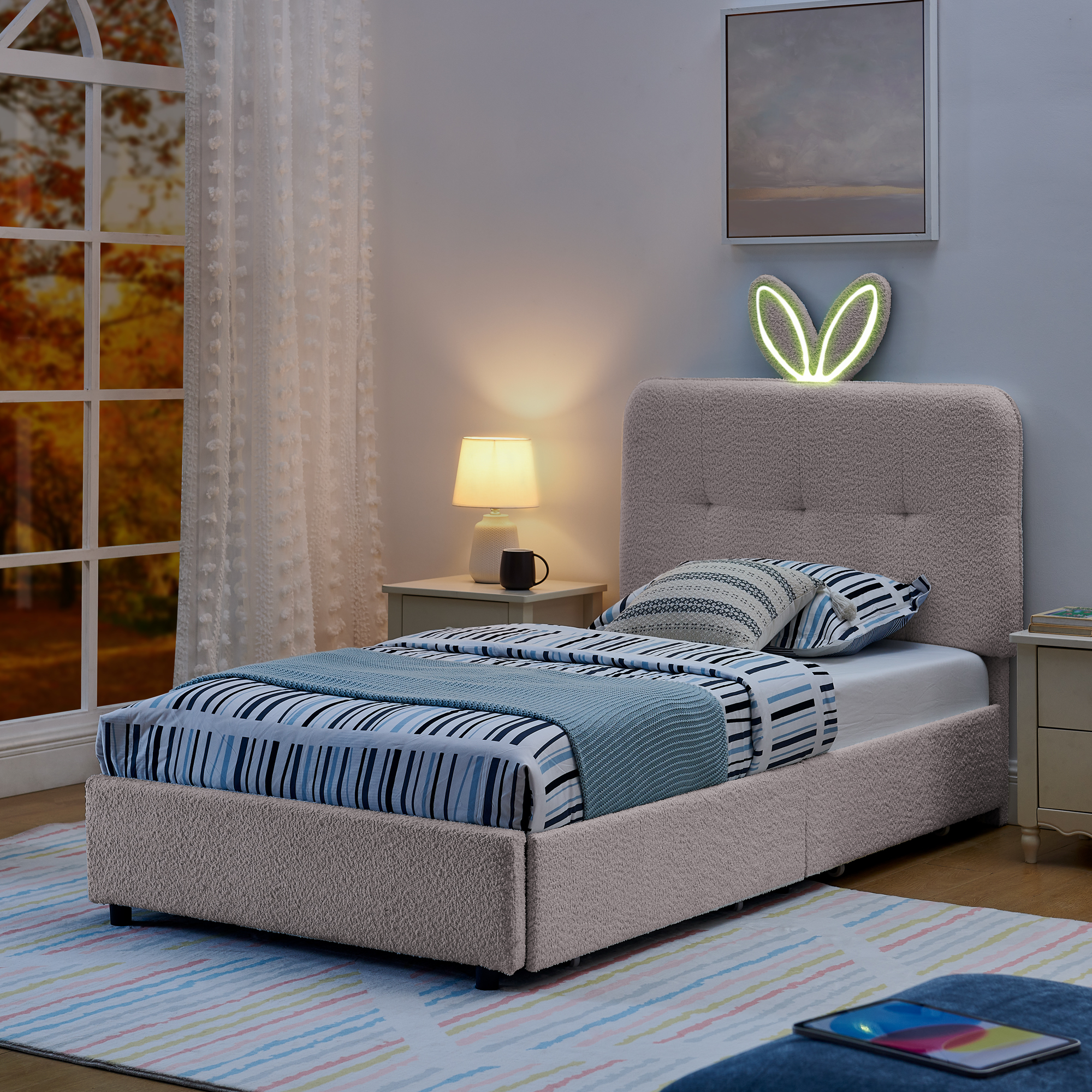 Twin Size Kids Upholstered Bed with Oversized Rabbit Ear Headboard, LED Light & 4 Storage Drawers, Boucle Fabric (79.5''X40.75''X41'') - Image 2
