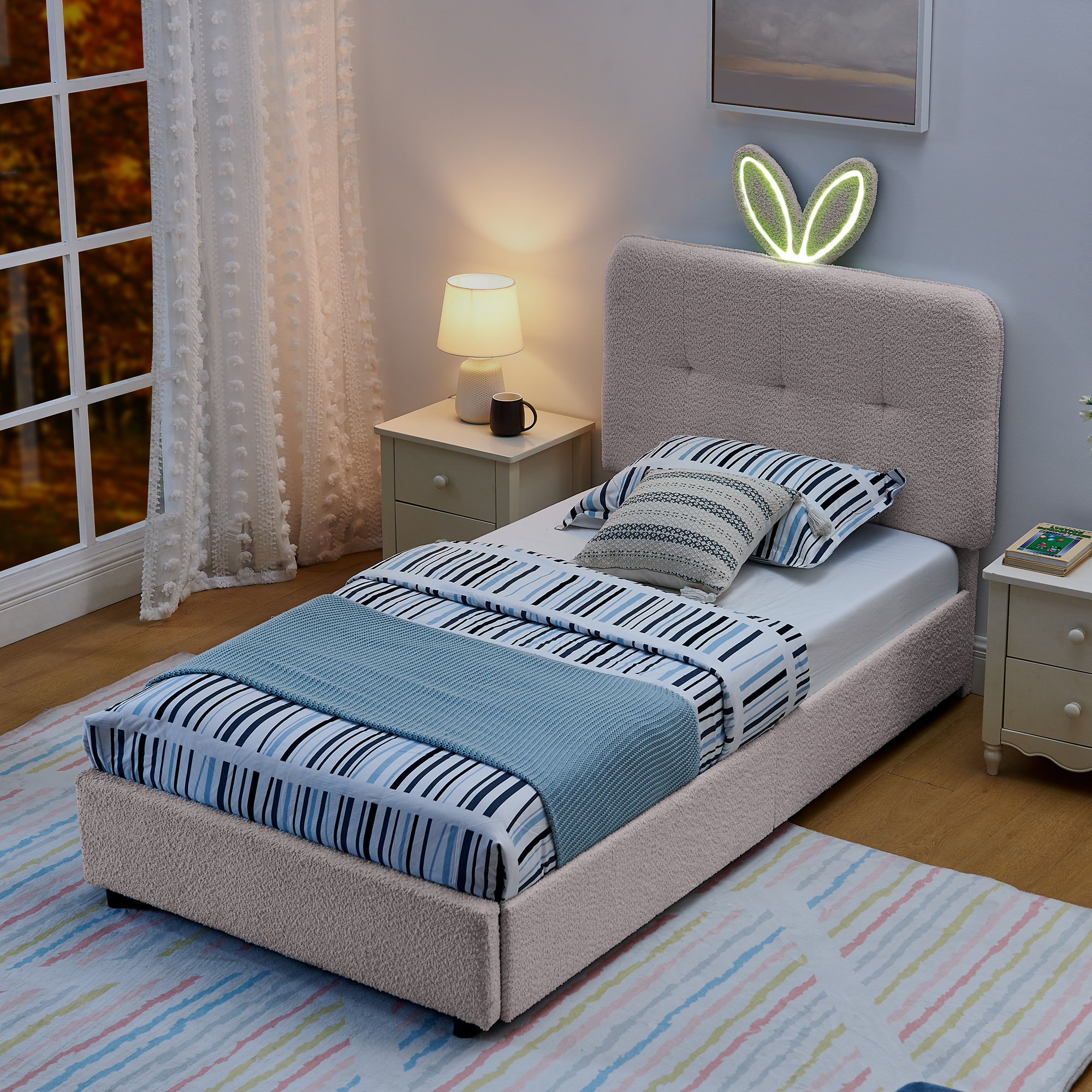 Twin Size Kids Upholstered Bed with Oversized Rabbit Ear Headboard, LED Light & 4 Storage Drawers, Boucle Fabric (79.5''X40.75''X41'') - Image 3