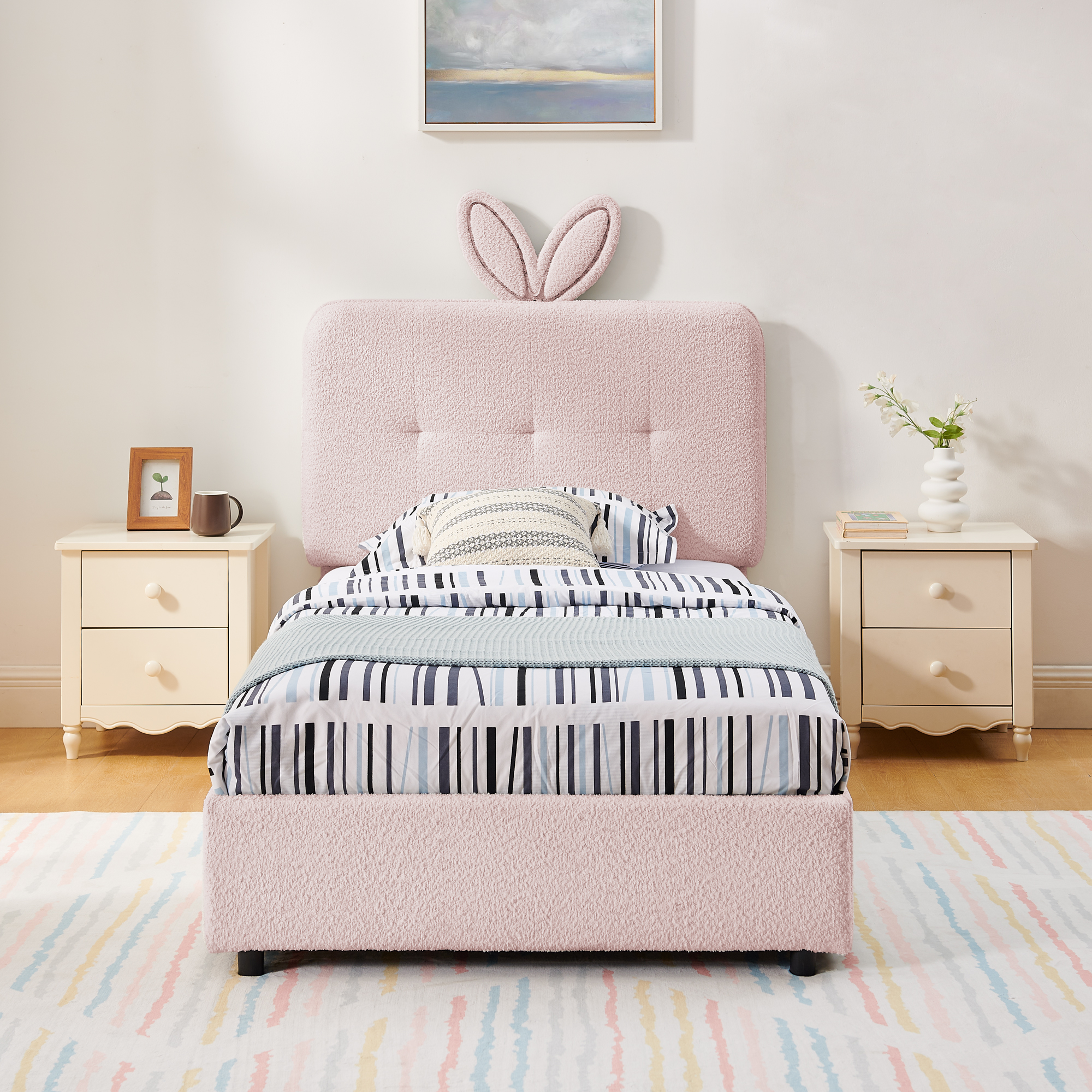 Twin Size Kids Upholstered Bed with Oversized Rabbit Ear Headboard, LED Light & 4 Storage Drawers, Boucle Fabric (79.5''X40.75''X41'') - Image 4