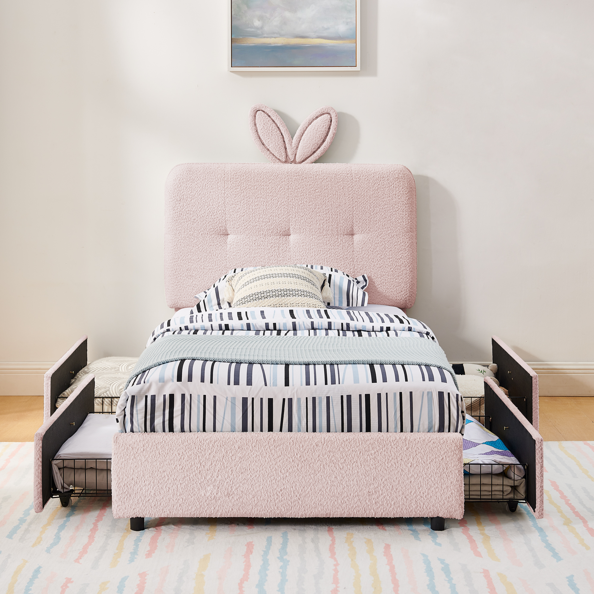 Twin Size Kids Upholstered Bed with Oversized Rabbit Ear Headboard, LED Light & 4 Storage Drawers, Boucle Fabric (79.5''X40.75''X41'') - Image 5