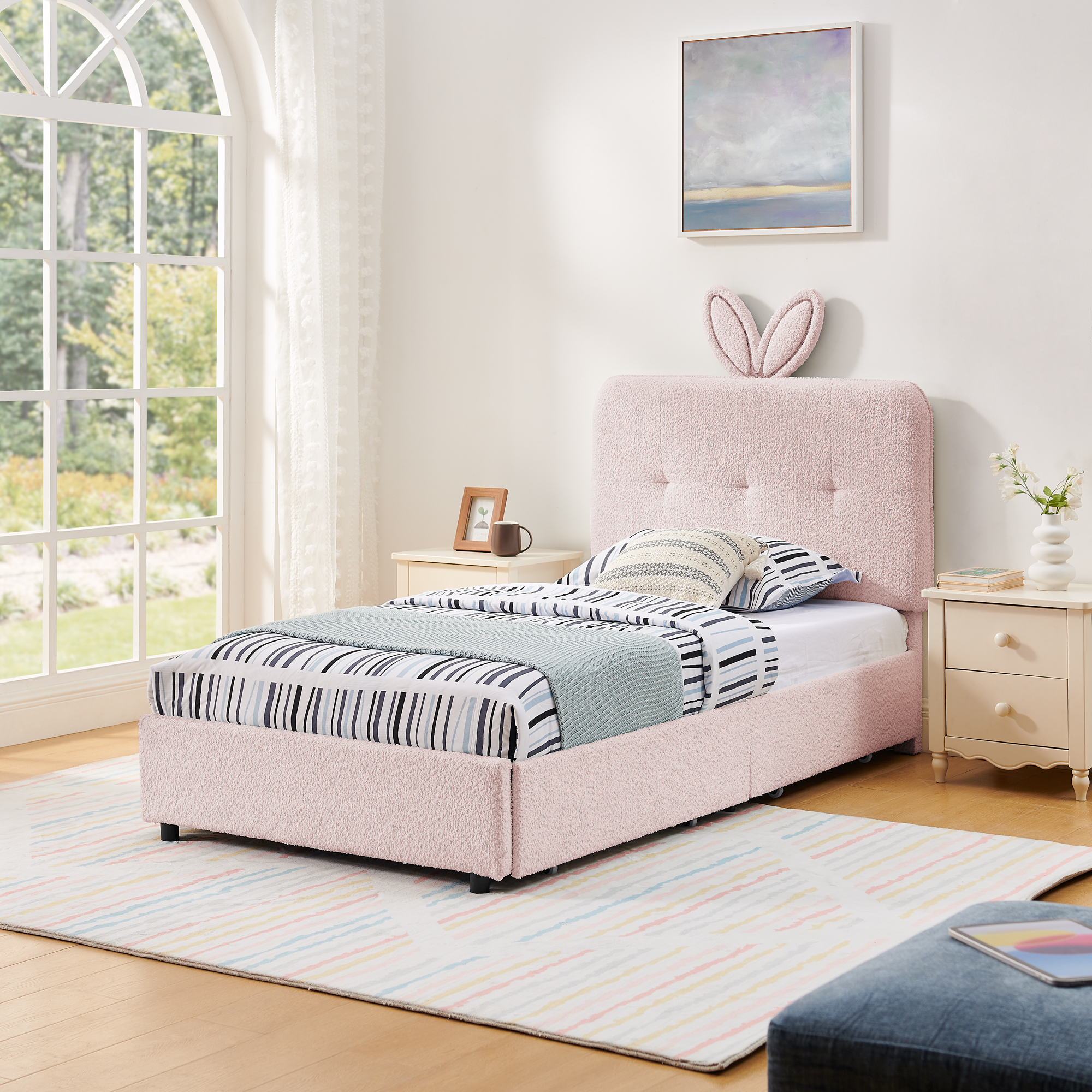 Twin Size Kids Upholstered Bed with Oversized Rabbit Ear Headboard, LED Light & 4 Storage Drawers, Boucle Fabric (79.5''X40.75''X41'') - Image 6