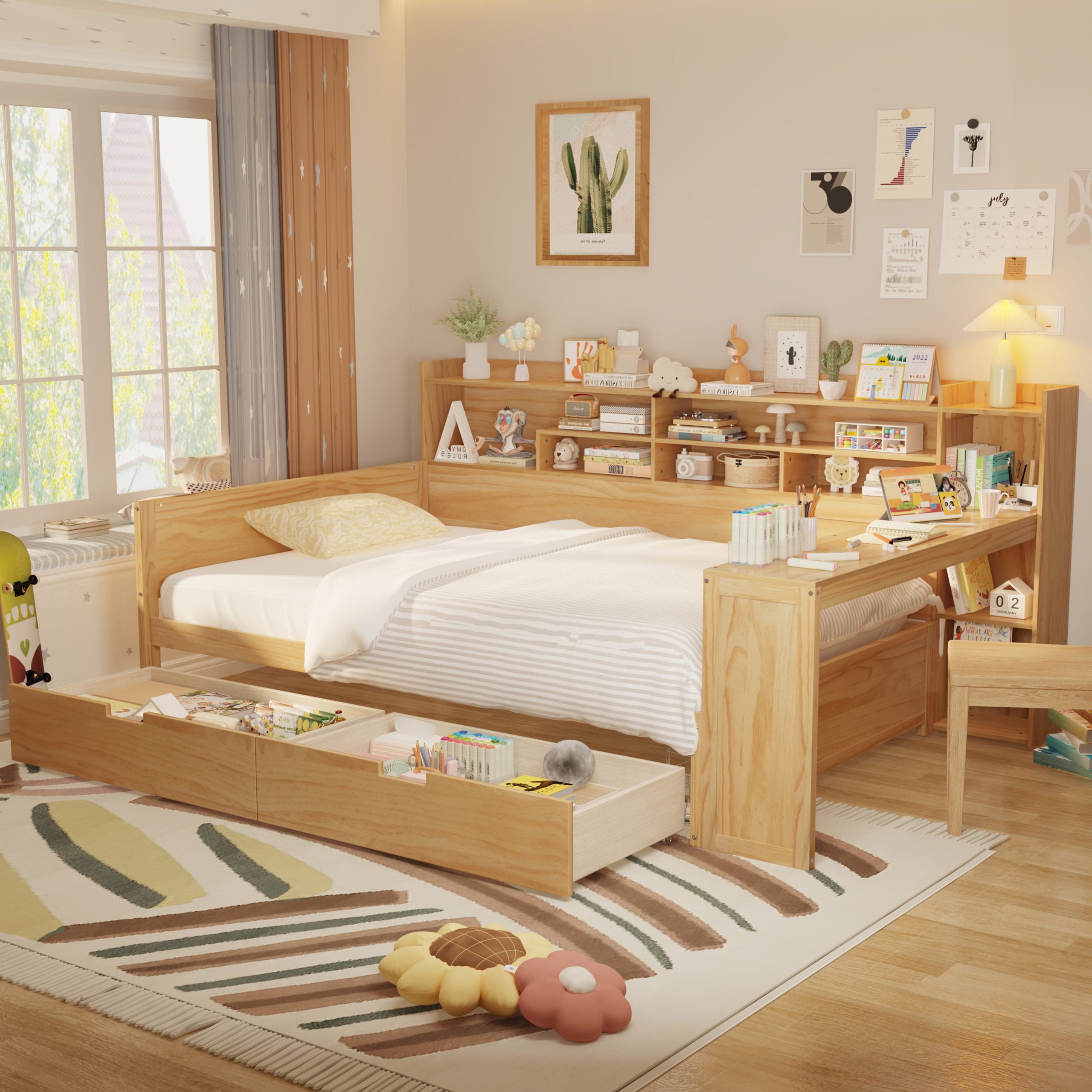 Wooden Full Size Daybed with Storage Shelves, Multi-functional Bed with Two Storage Drawers and Study Desk, Natural (Old SKU: N733S241486M)