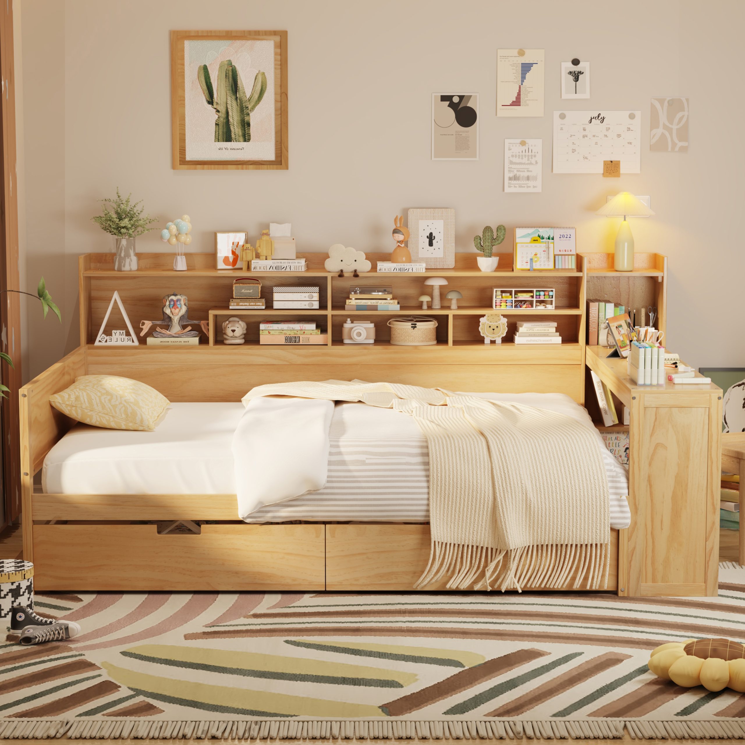 Wooden Full Size Daybed with Storage Shelves, Multi-functional Bed with Two Storage Drawers and Study Desk, Natural (Old SKU: N733S241486M) - Image 2