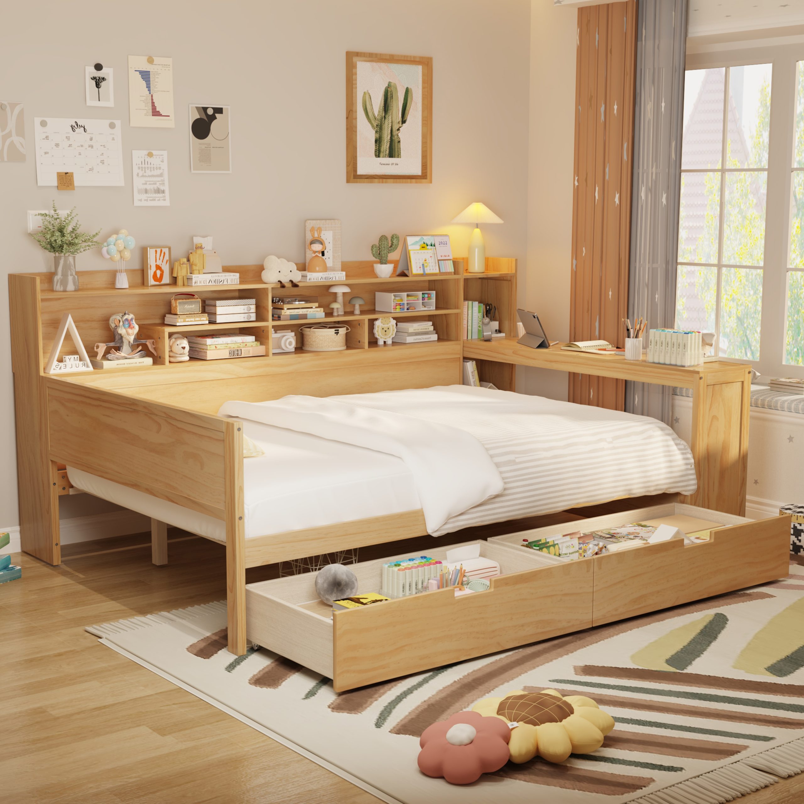 Wooden Full Size Daybed with Storage Shelves, Multi-functional Bed with Two Storage Drawers and Study Desk, Natural (Old SKU: N733S241486M) - Image 3