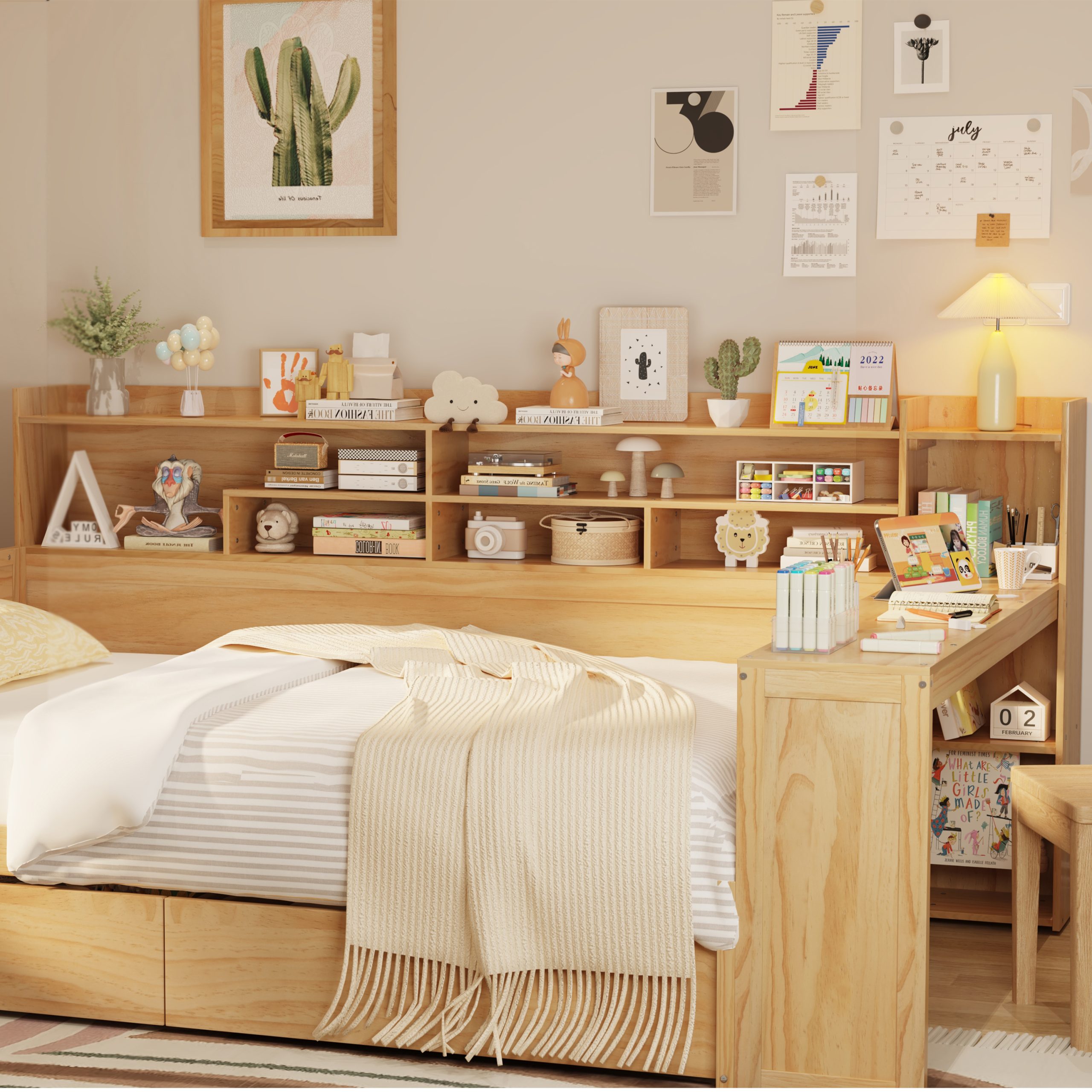 Wooden Full Size Daybed with Storage Shelves, Multi-functional Bed with Two Storage Drawers and Study Desk, Natural (Old SKU: N733S241486M) - Image 4