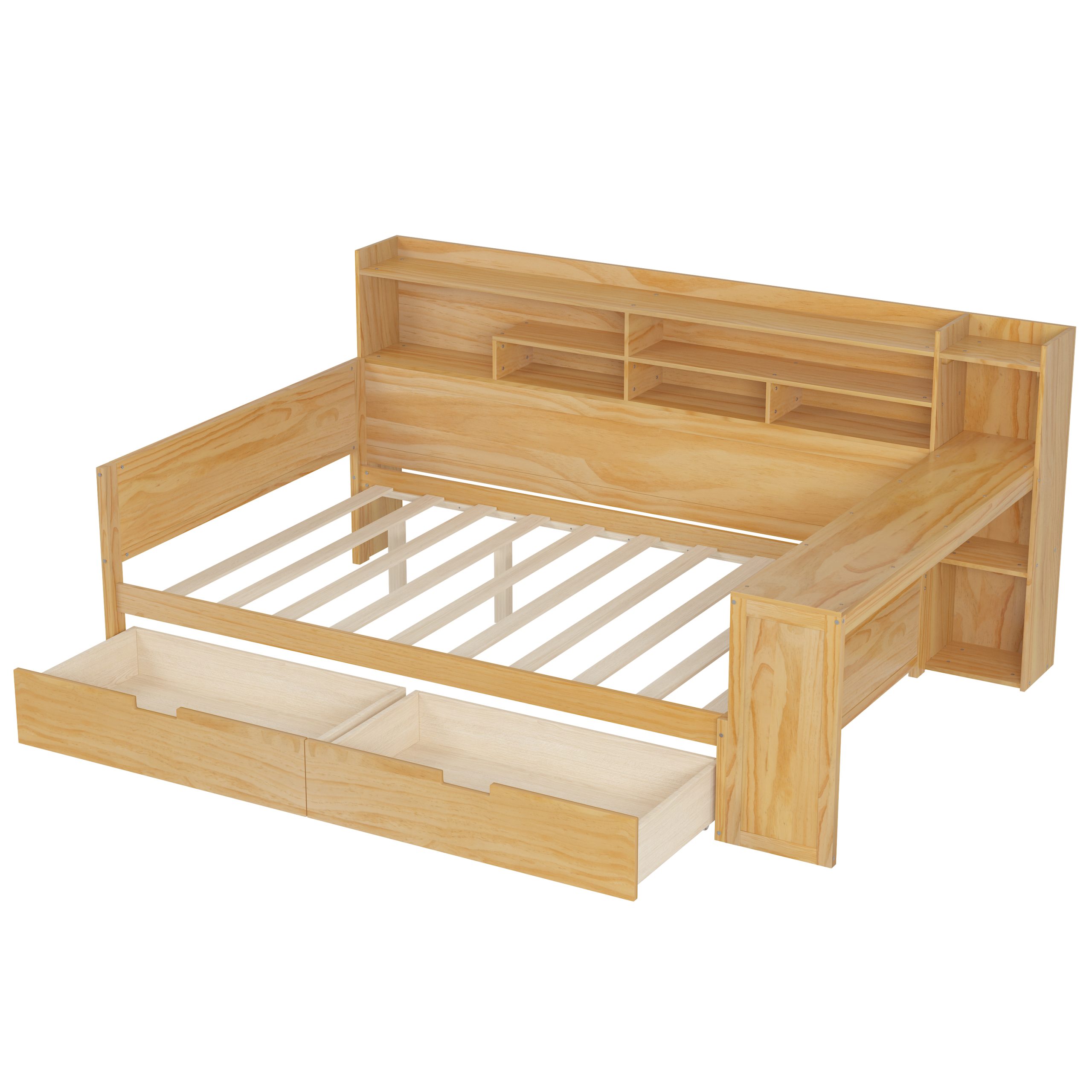 Wooden Full Size Daybed with Storage Shelves, Multi-functional Bed with Two Storage Drawers and Study Desk, Natural (Old SKU: N733S241486M) - Image 5