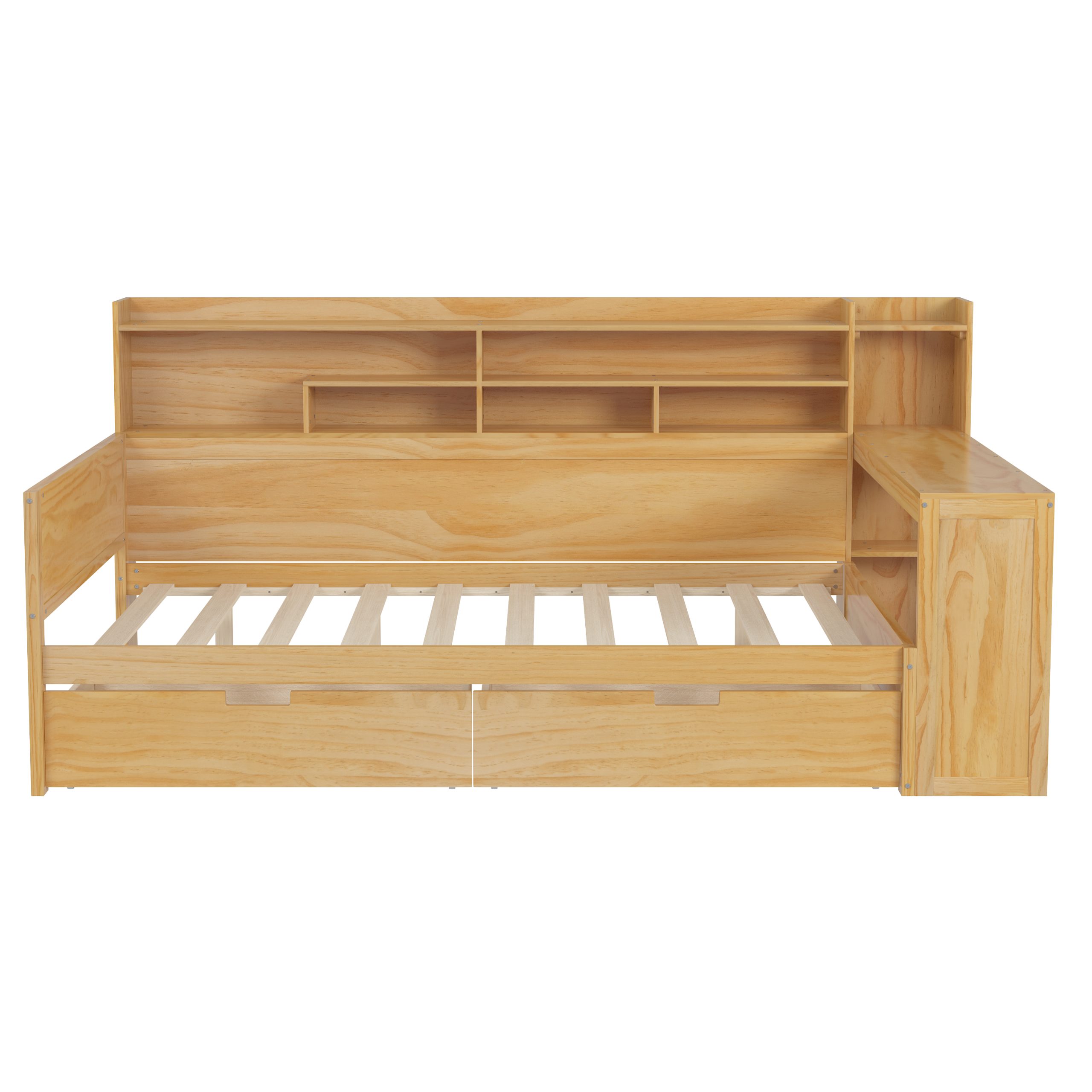 Wooden Full Size Daybed with Storage Shelves, Multi-functional Bed with Two Storage Drawers and Study Desk, Natural (Old SKU: N733S241486M) - Image 6